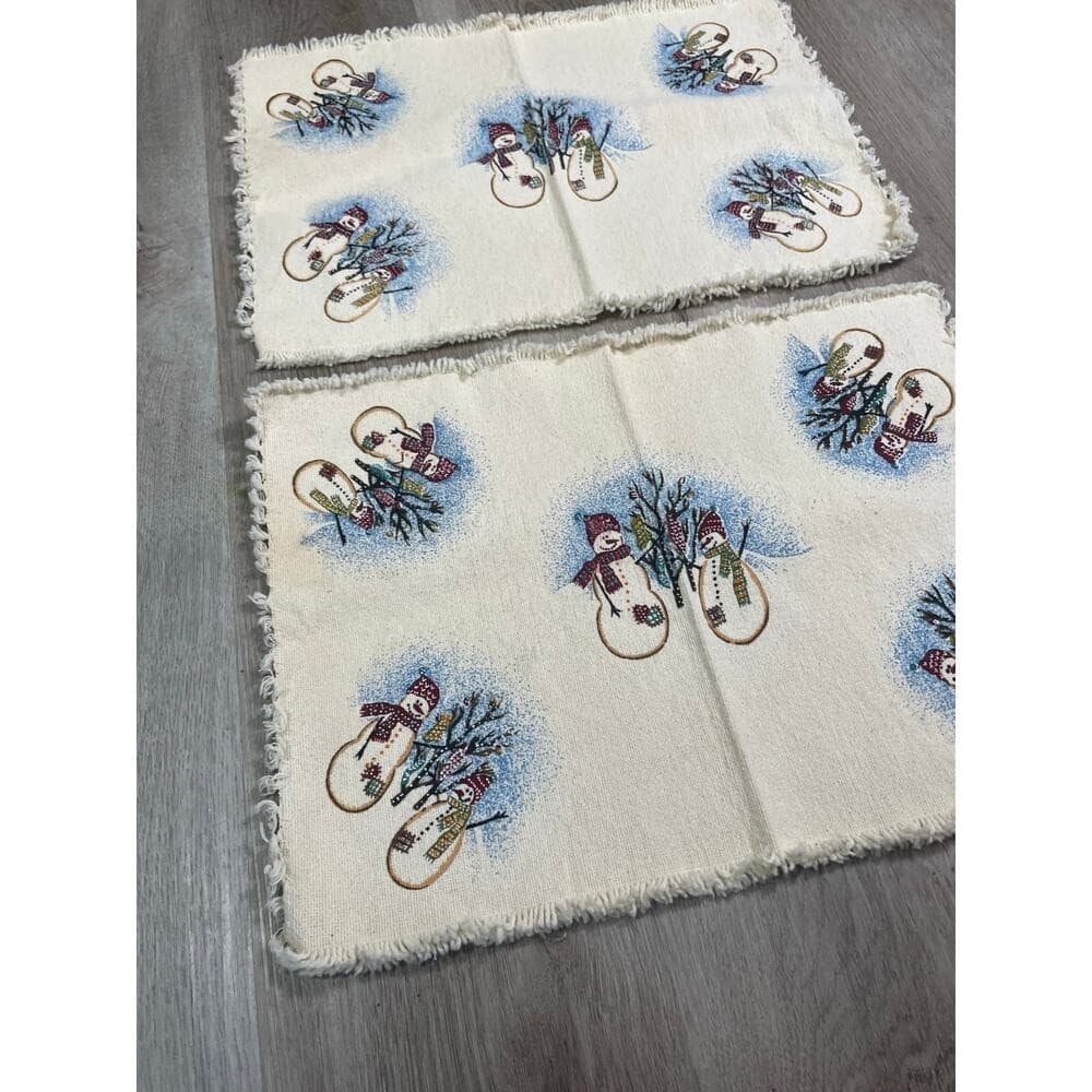 Holiday Snowman Placemats Set of 2 13x19 Winter Table Decor Fringe Vintage - Thumbnail 4