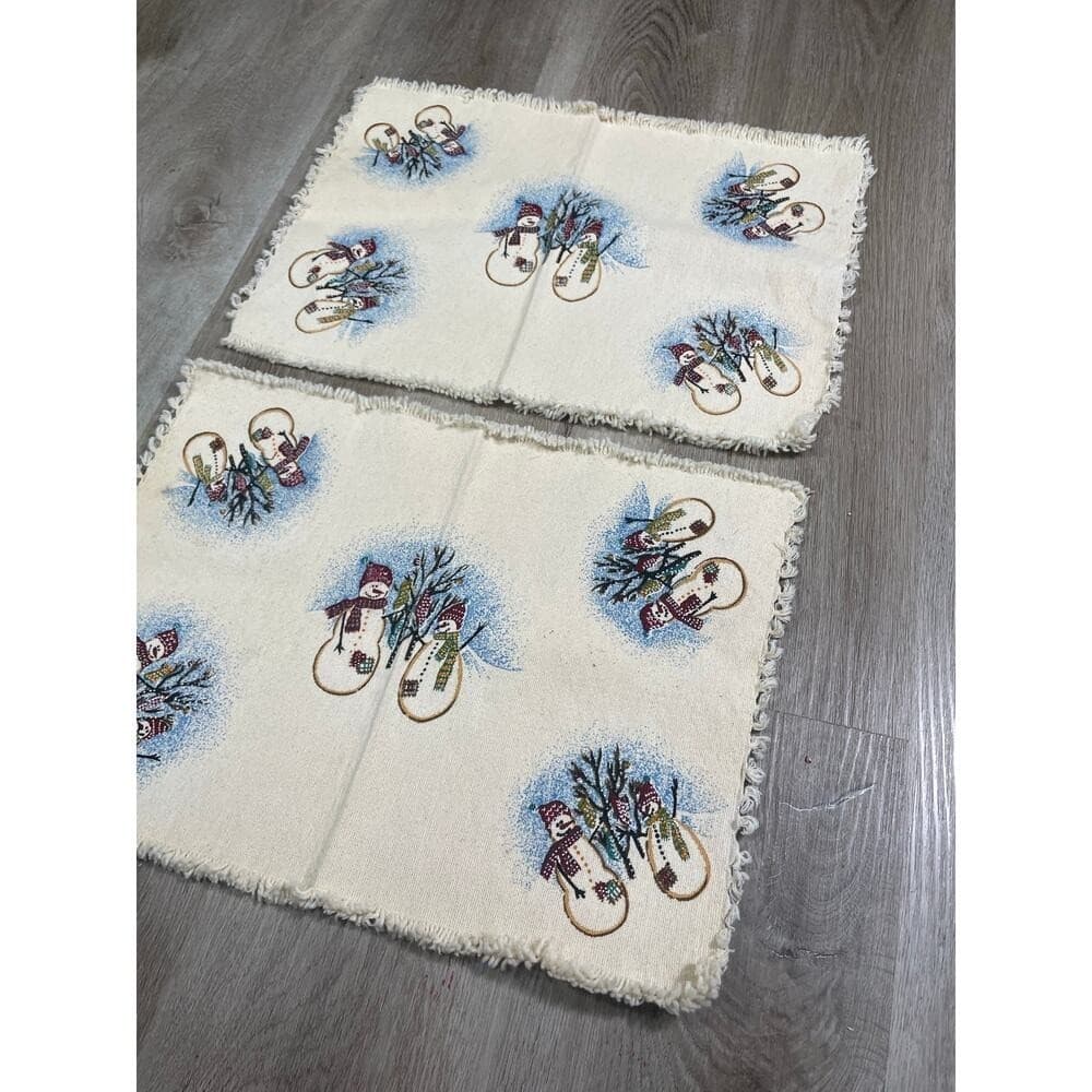 Holiday Snowman Placemats Set of 2 13x19 Winter Table Decor Fringe Vintage - Thumbnail 5