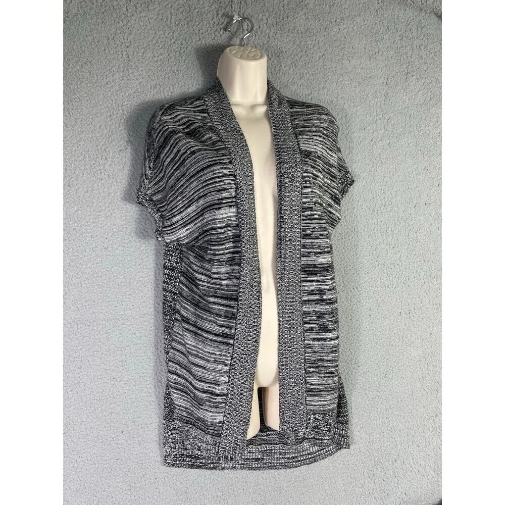 Women's Short Sleeve Open Front Cardigan Sweater Black White Marled Knit S APT9 - Thumbnail 2