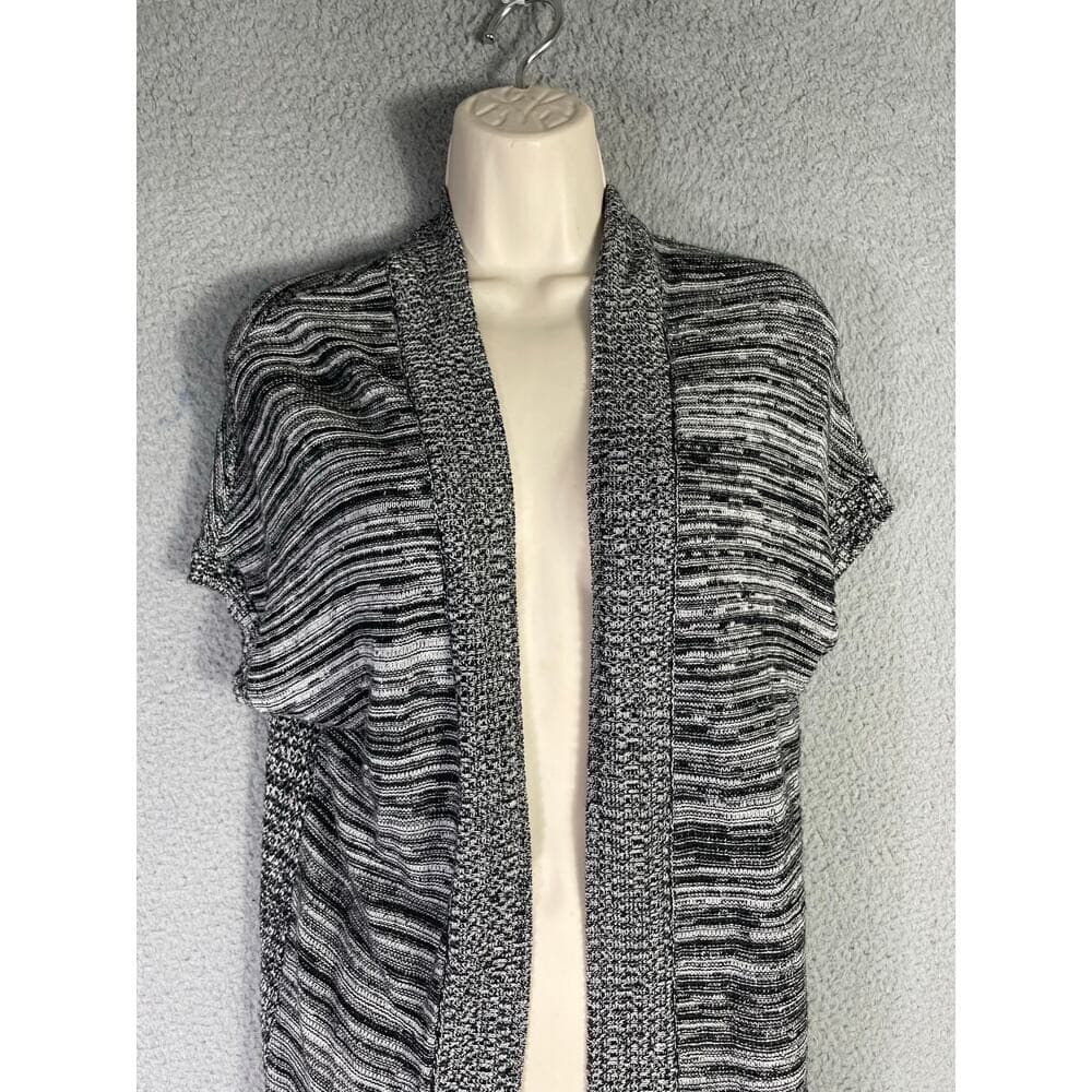Women's Short Sleeve Open Front Cardigan Sweater Black White Marled Knit S APT9