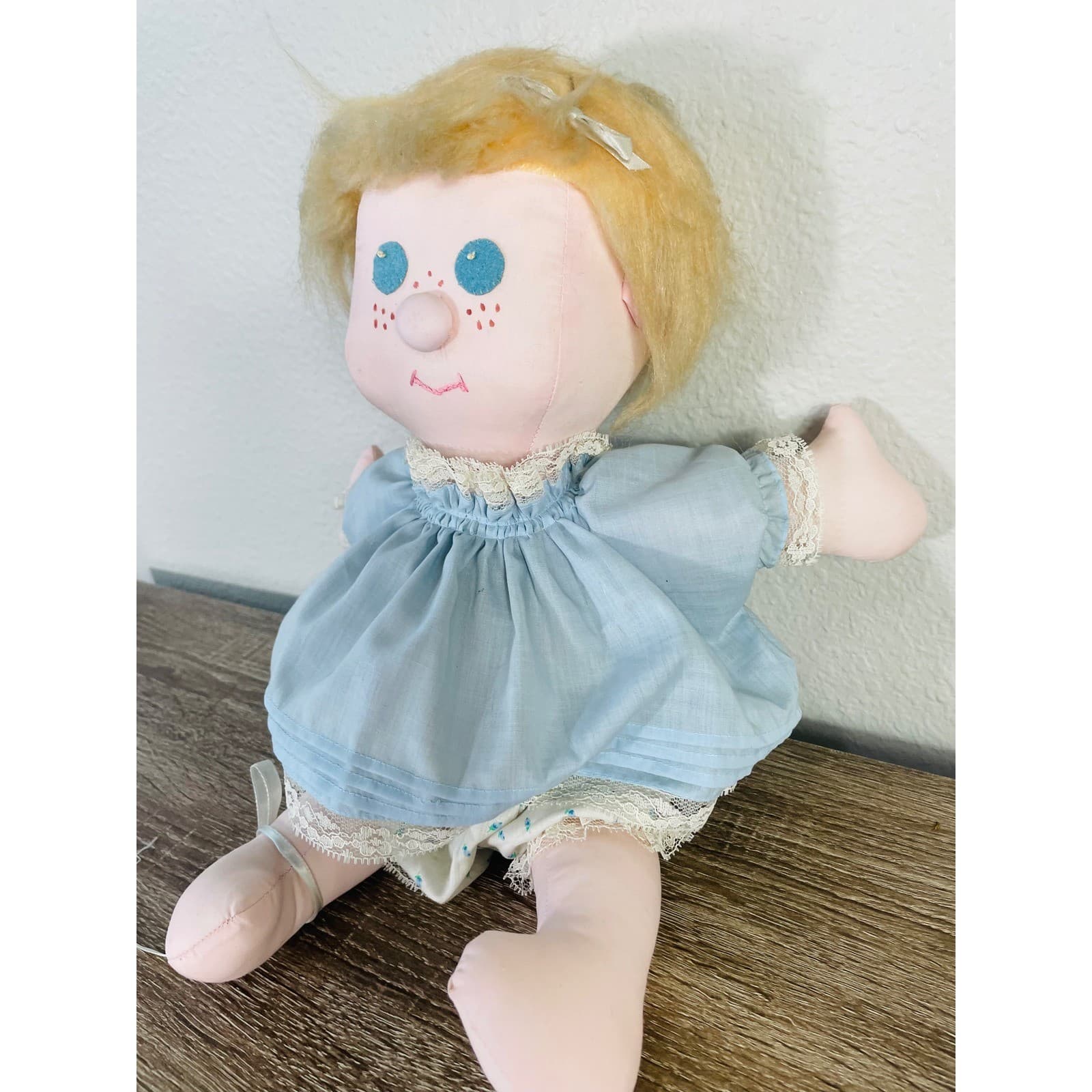 Vintage Handmade Rag Doll Cloth Soft Toy Blue Dress Lace Bloomers Yarn Hair - Thumbnail 4
