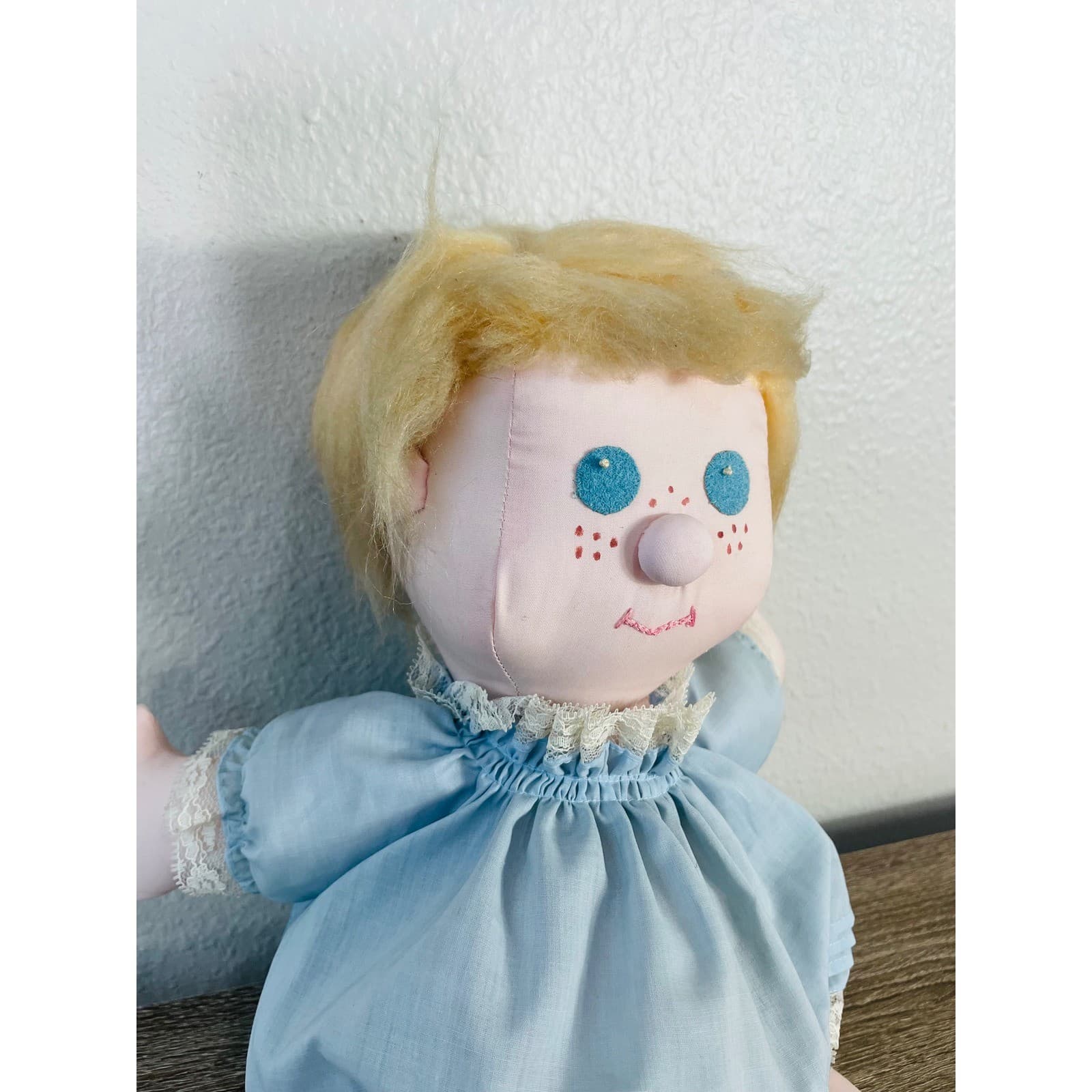 Vintage Handmade Rag Doll Cloth Soft Toy Blue Dress Lace Bloomers Yarn Hair - Thumbnail 2