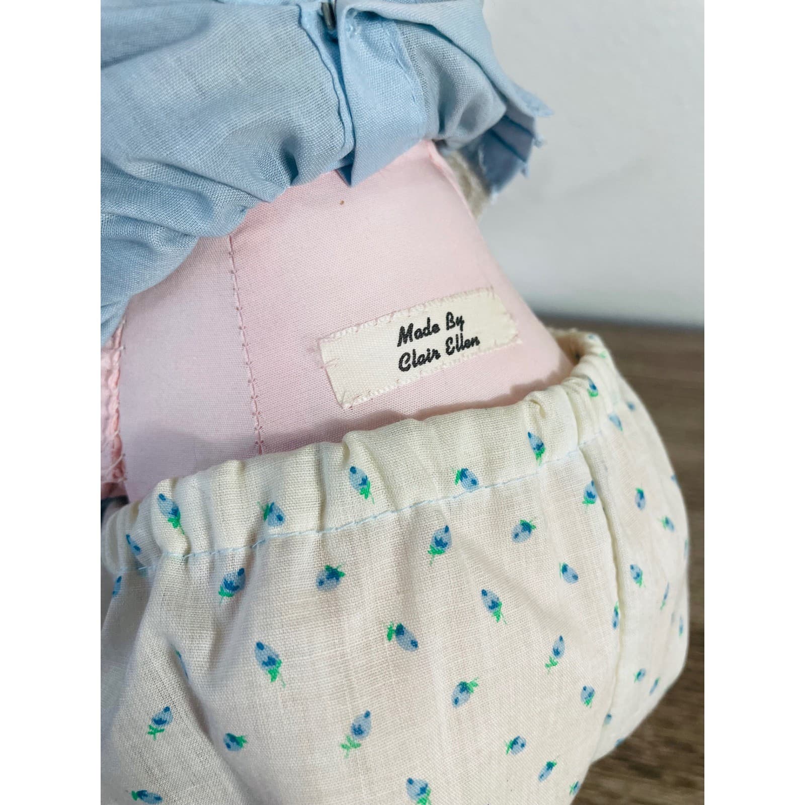 Vintage Handmade Rag Doll Cloth Soft Toy Blue Dress Lace Bloomers Yarn Hair - Thumbnail 6
