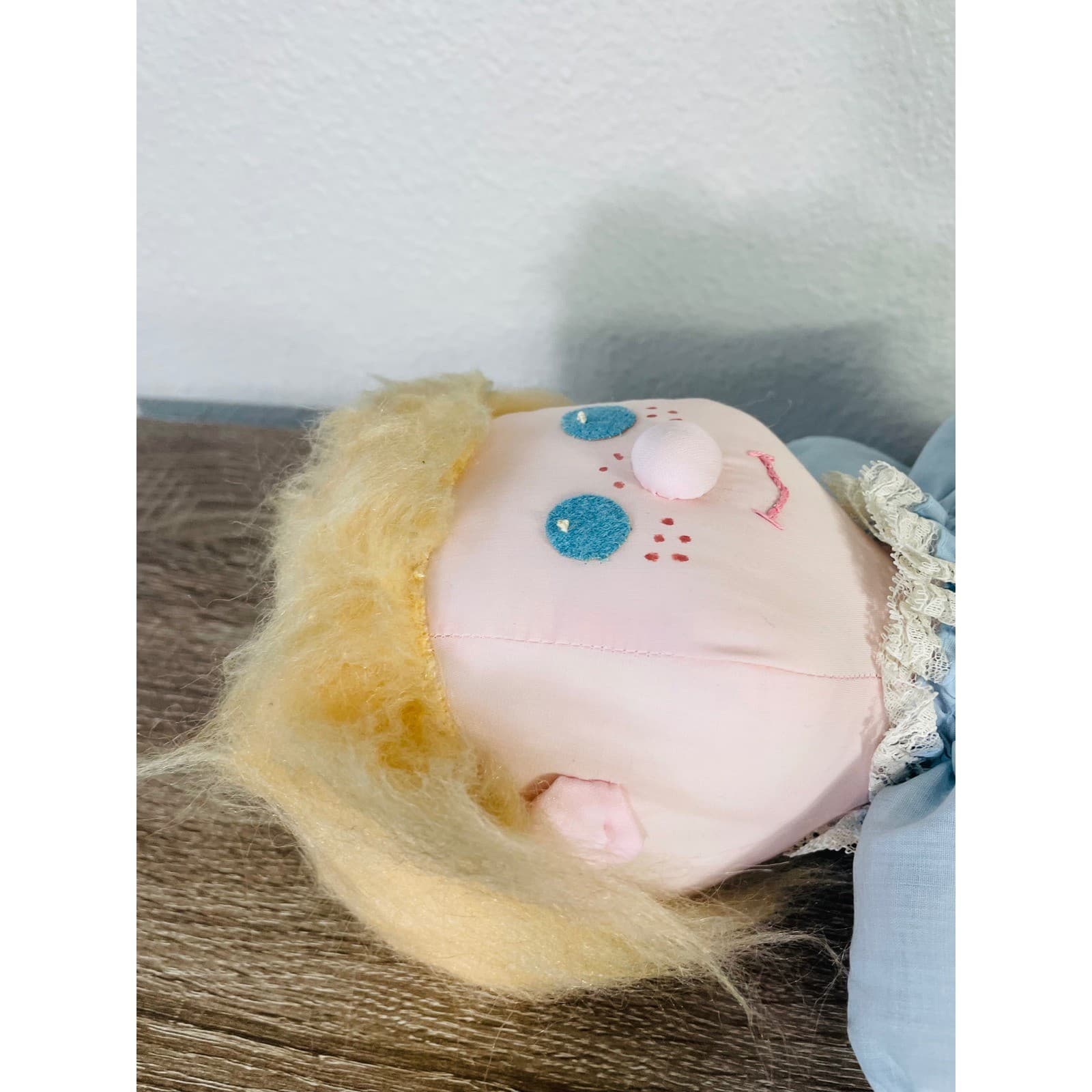 Vintage Handmade Rag Doll Cloth Soft Toy Blue Dress Lace Bloomers Yarn Hair - Thumbnail 9