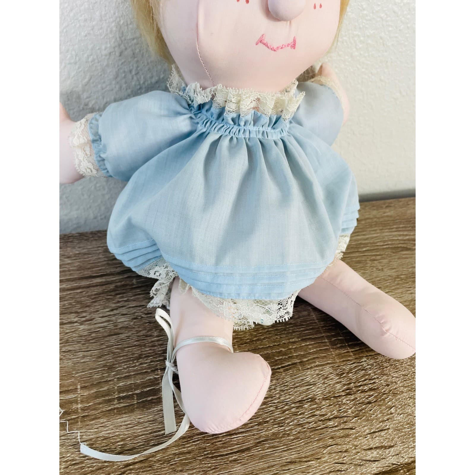 Vintage Handmade Rag Doll Cloth Soft Toy Blue Dress Lace Bloomers Yarn Hair - Thumbnail 3