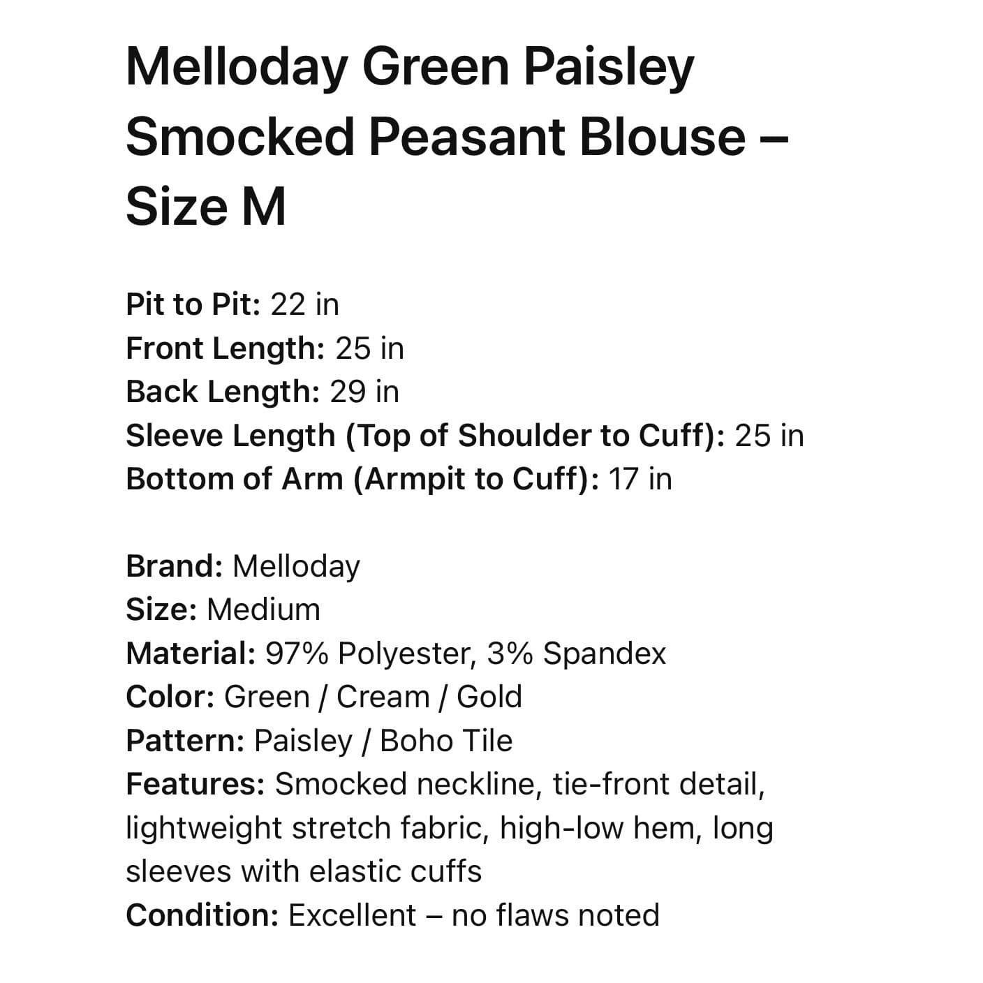 Melloday Green Paisley Smocked Peasant Blouse Long Sleeve Size Medium - Thumbnail 3