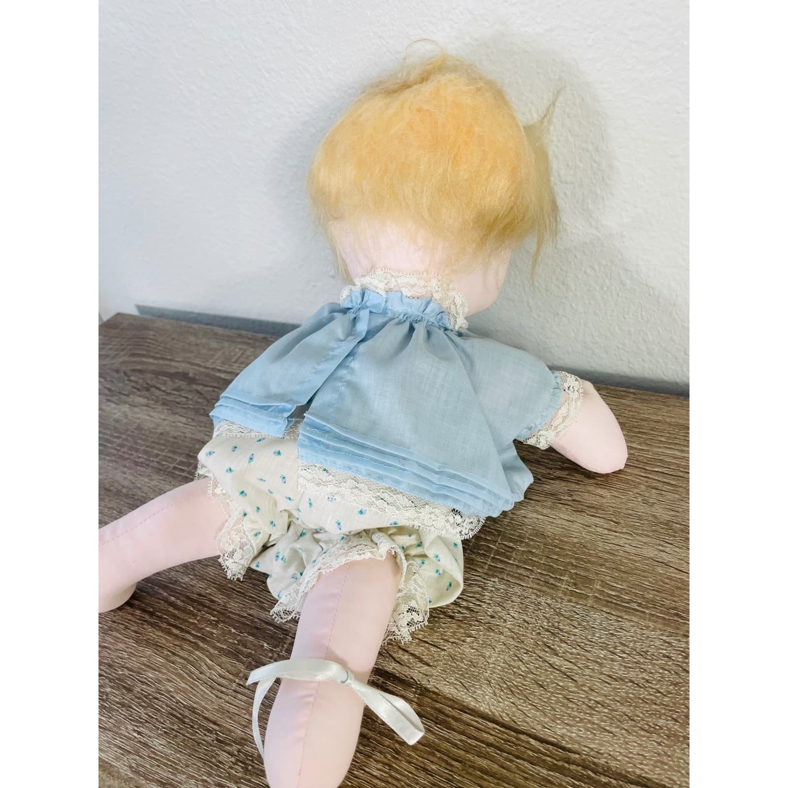 Vintage Handmade Rag Doll Cloth Soft Toy Blue Dress Lace Bloomers Yarn Hair - Thumbnail 7