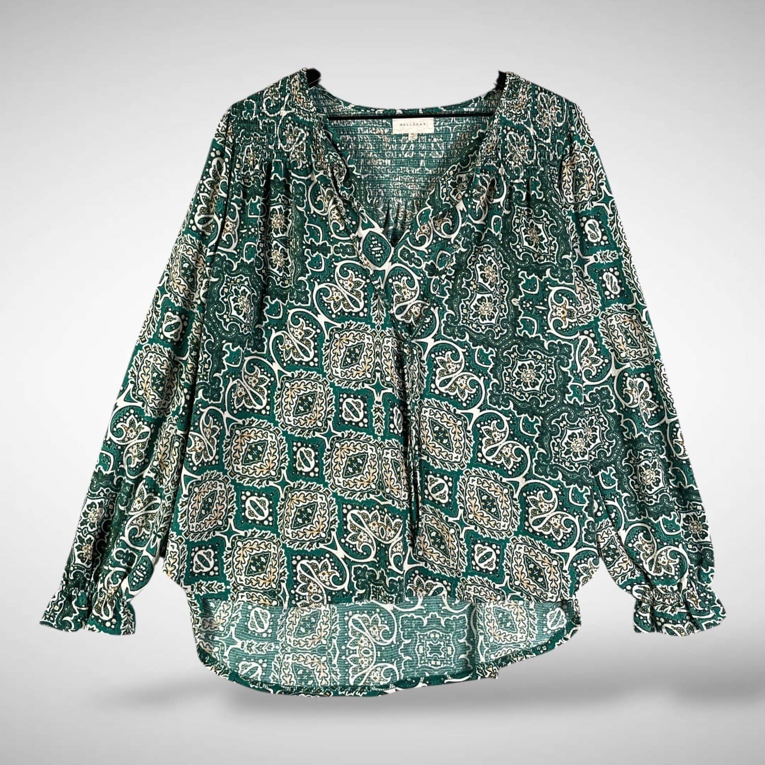 Melloday Green Paisley Smocked Peasant Blouse Long Sleeve Size Medium - Thumbnail 2