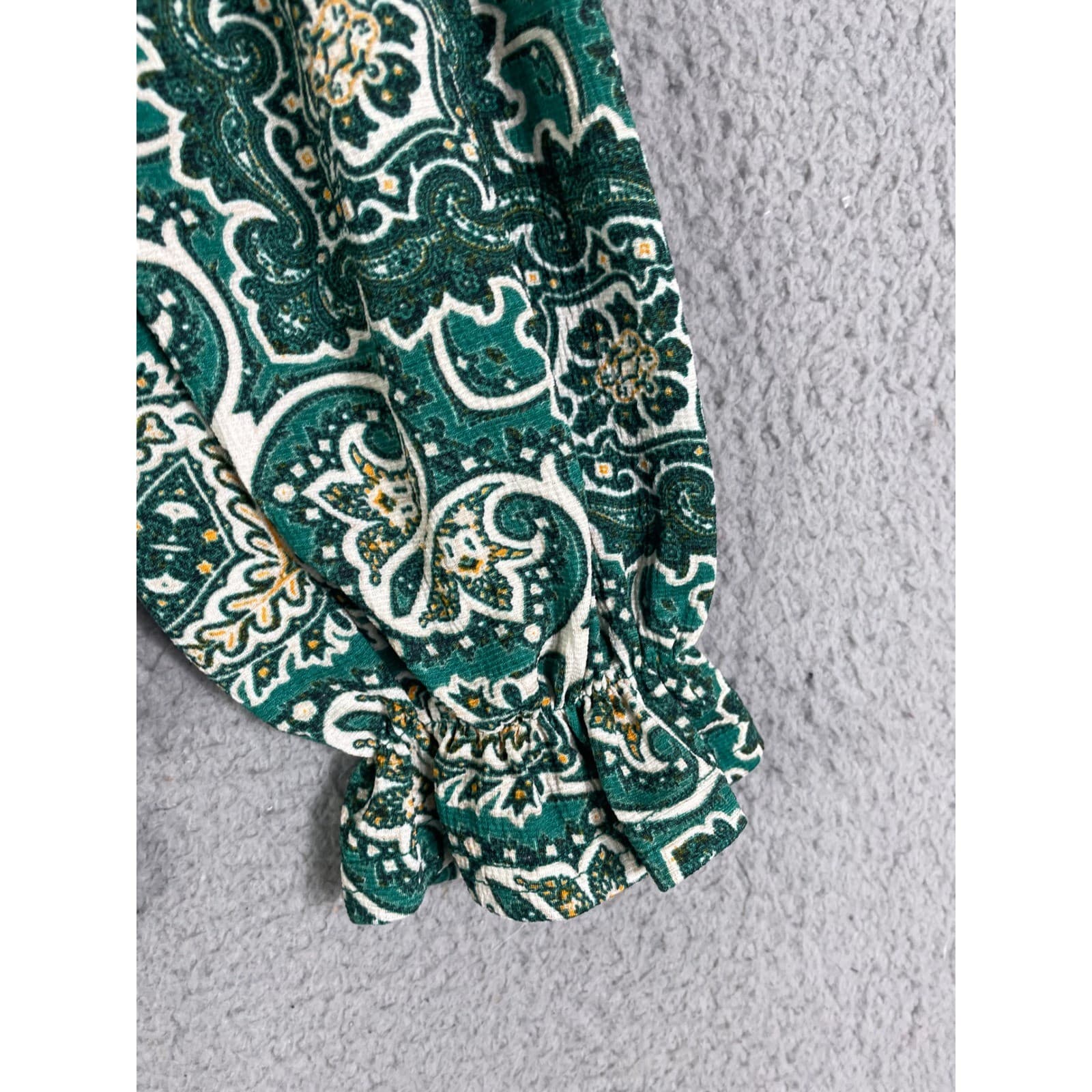 Melloday Green Paisley Smocked Peasant Blouse Long Sleeve Size Medium - Thumbnail 10