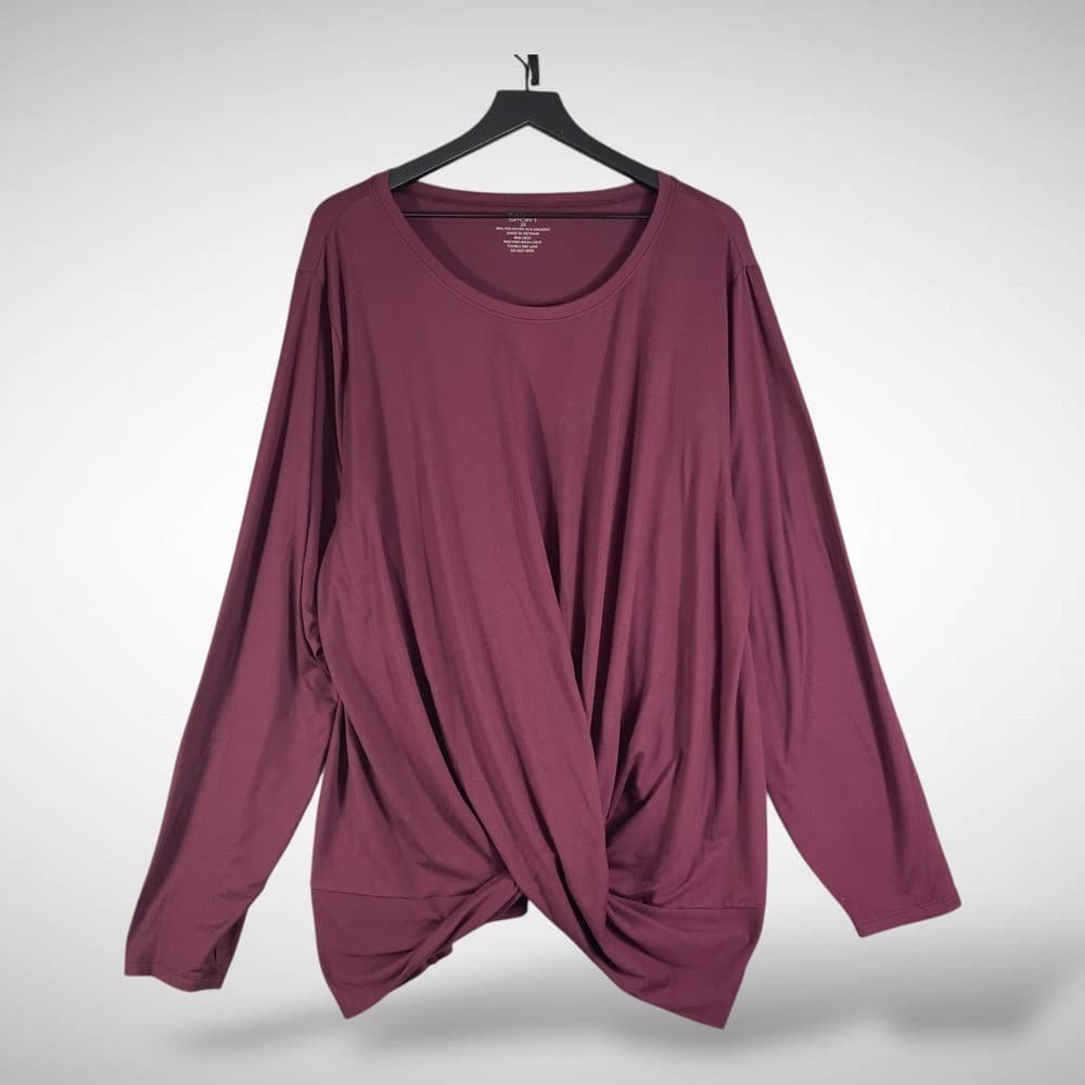 Tahari Sport Twist Front Long Sleeve Top Burgundy Plus Size 3X - Thumbnail 2