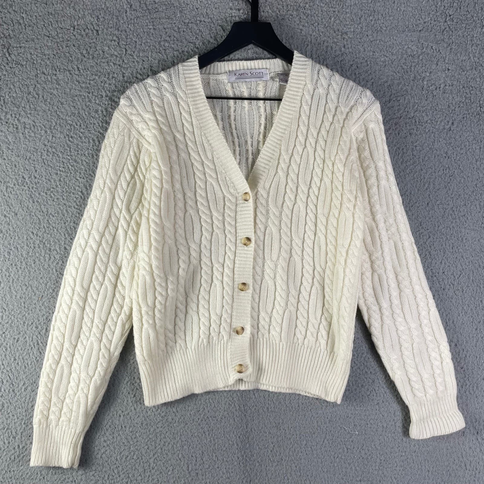 Karen Scott Ivory Cable Knit Button Front Cardigan Sweater Womens Small Size S - Thumbnail 5