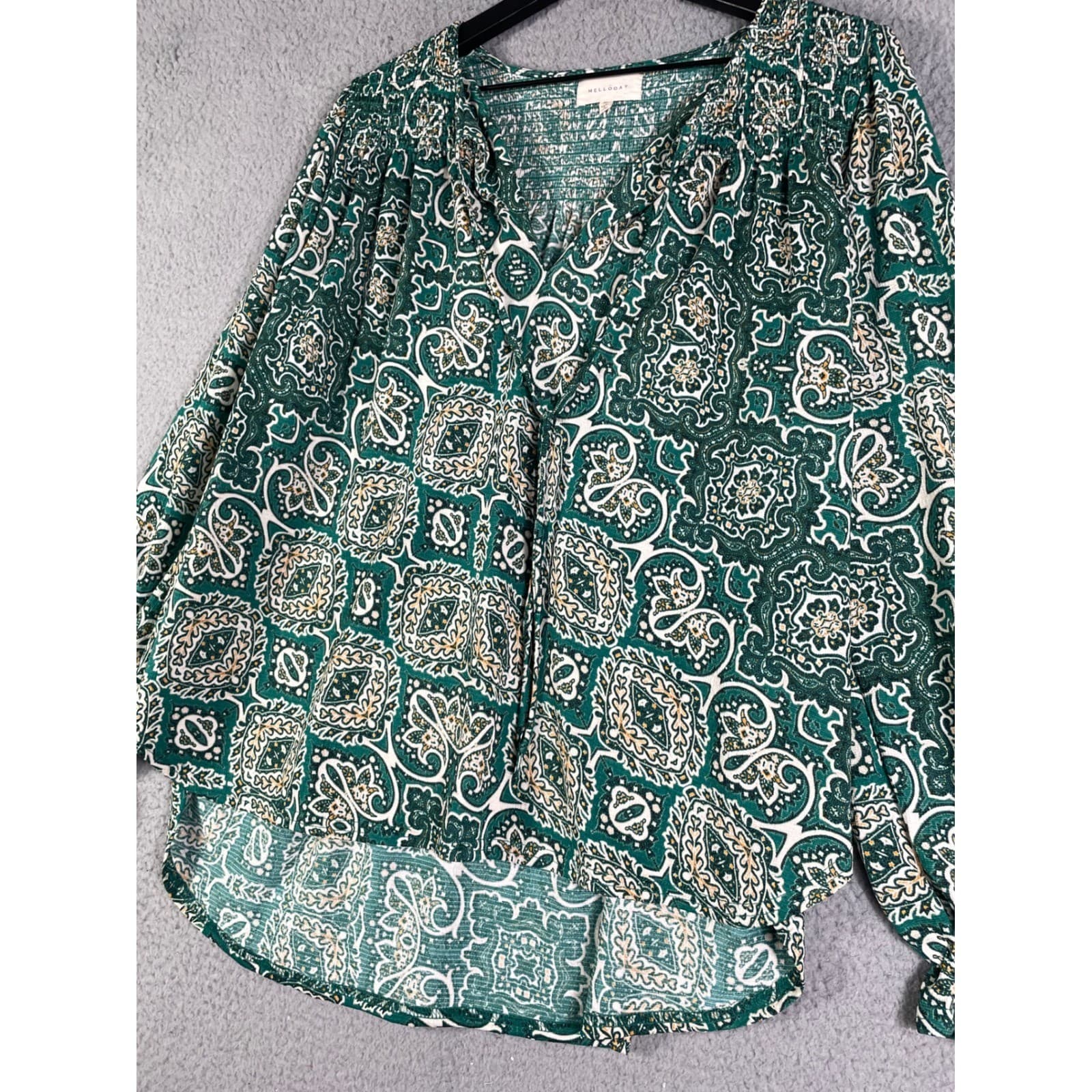 Melloday Green Paisley Smocked Peasant Blouse Long Sleeve Size Medium - Thumbnail 11