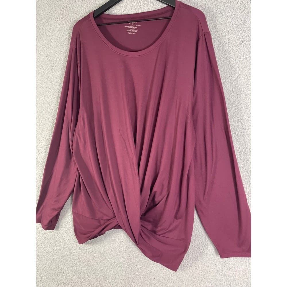 Tahari Sport Twist Front Long Sleeve Top Burgundy Plus Size 3X - Thumbnail 9