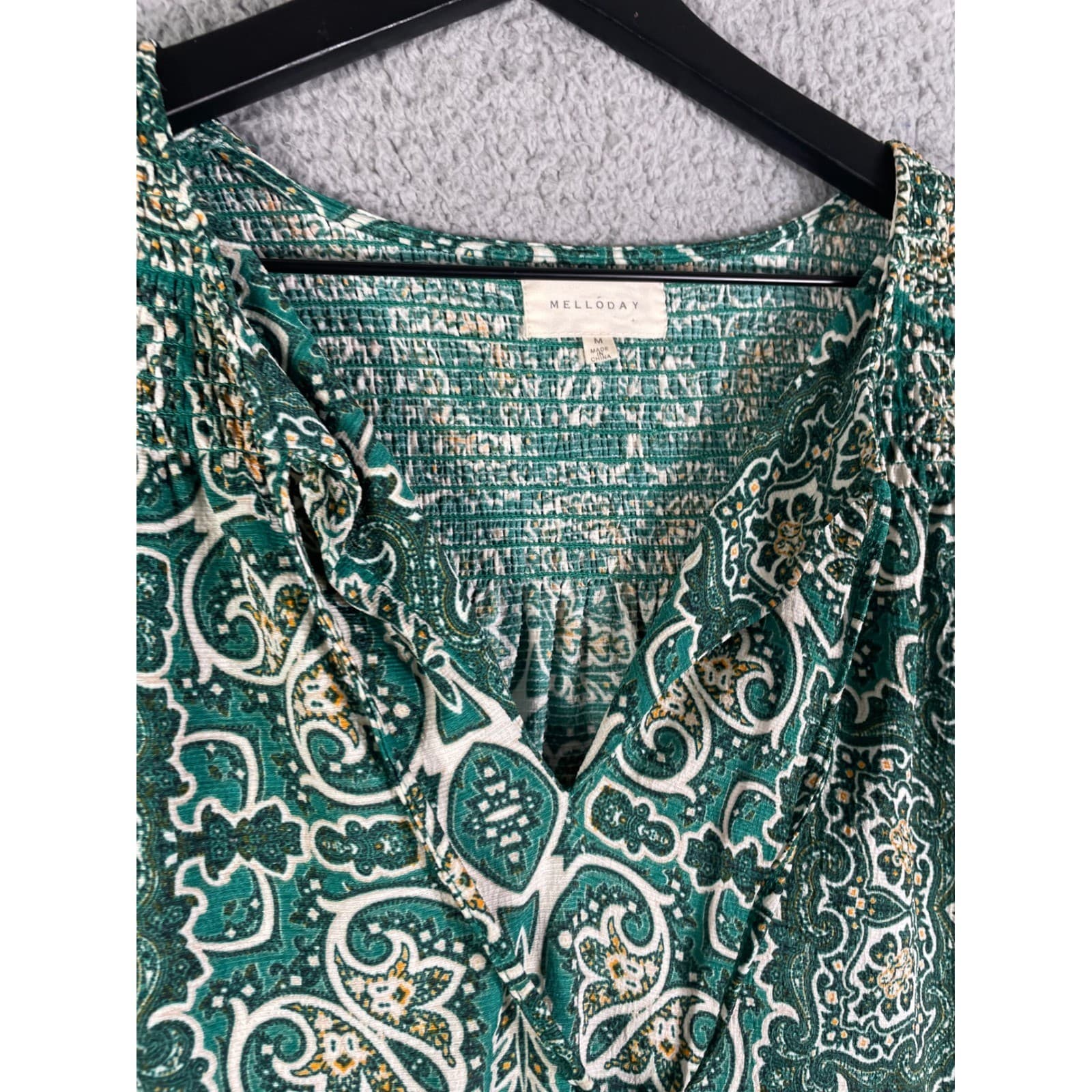 Melloday Green Paisley Smocked Peasant Blouse Long Sleeve Size Medium - Thumbnail 8