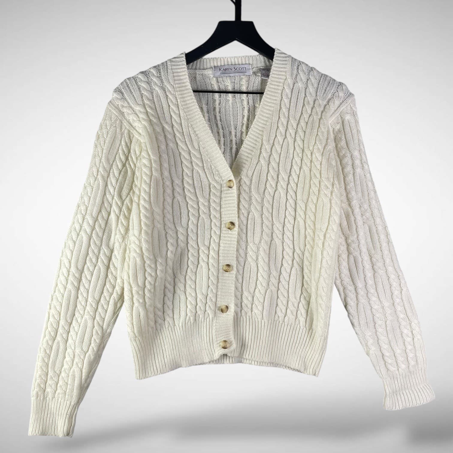Karen Scott Ivory Cable Knit Button Front Cardigan Sweater Womens Small Size S