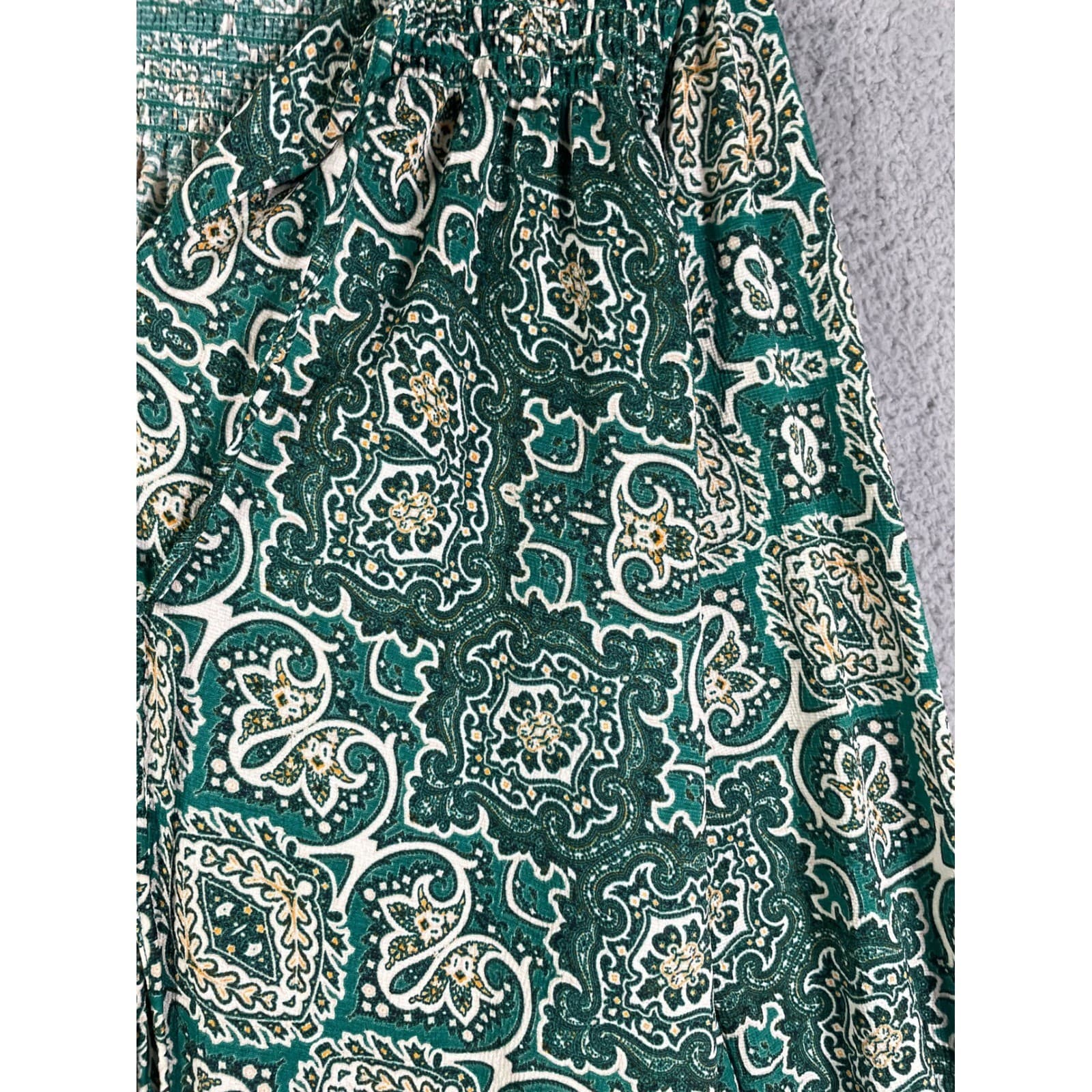 Melloday Green Paisley Smocked Peasant Blouse Long Sleeve Size Medium - Thumbnail 9