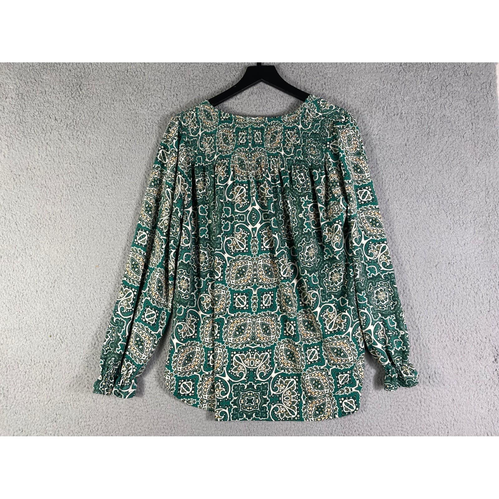 Melloday Green Paisley Smocked Peasant Blouse Long Sleeve Size Medium - Thumbnail 6