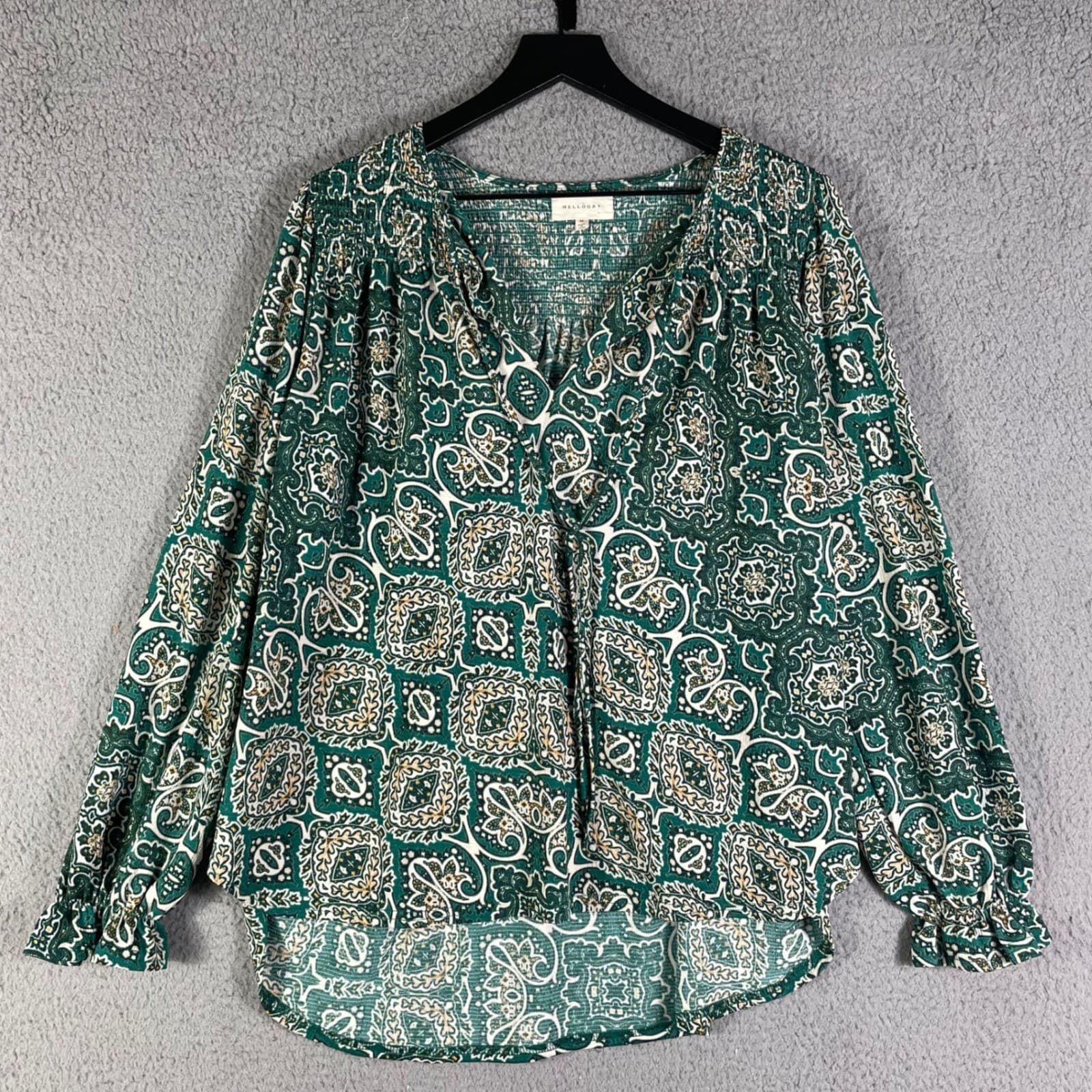Melloday Green Paisley Smocked Peasant Blouse Long Sleeve Size Medium
