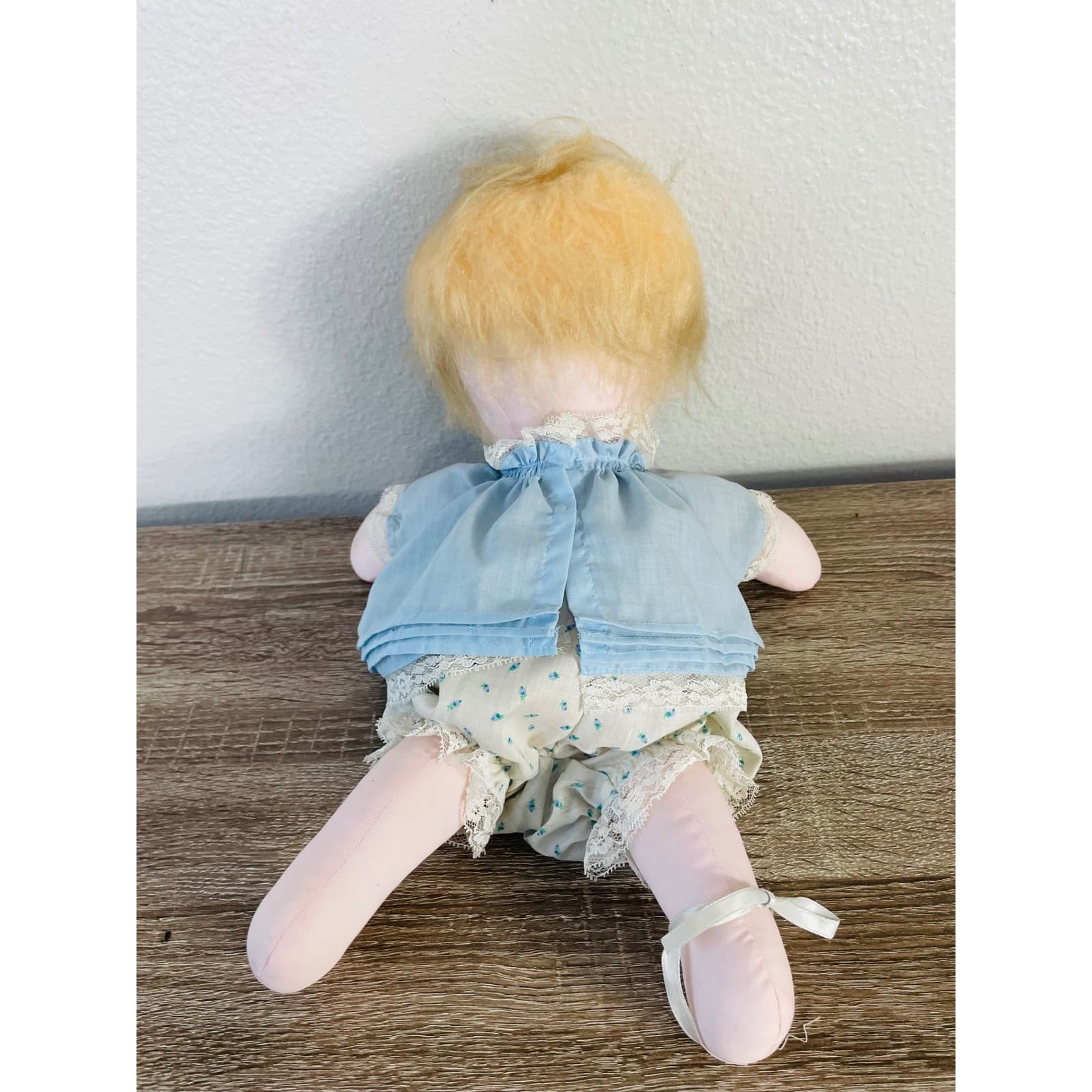 Vintage Handmade Rag Doll Cloth Soft Toy Blue Dress Lace Bloomers Yarn Hair - Thumbnail 8