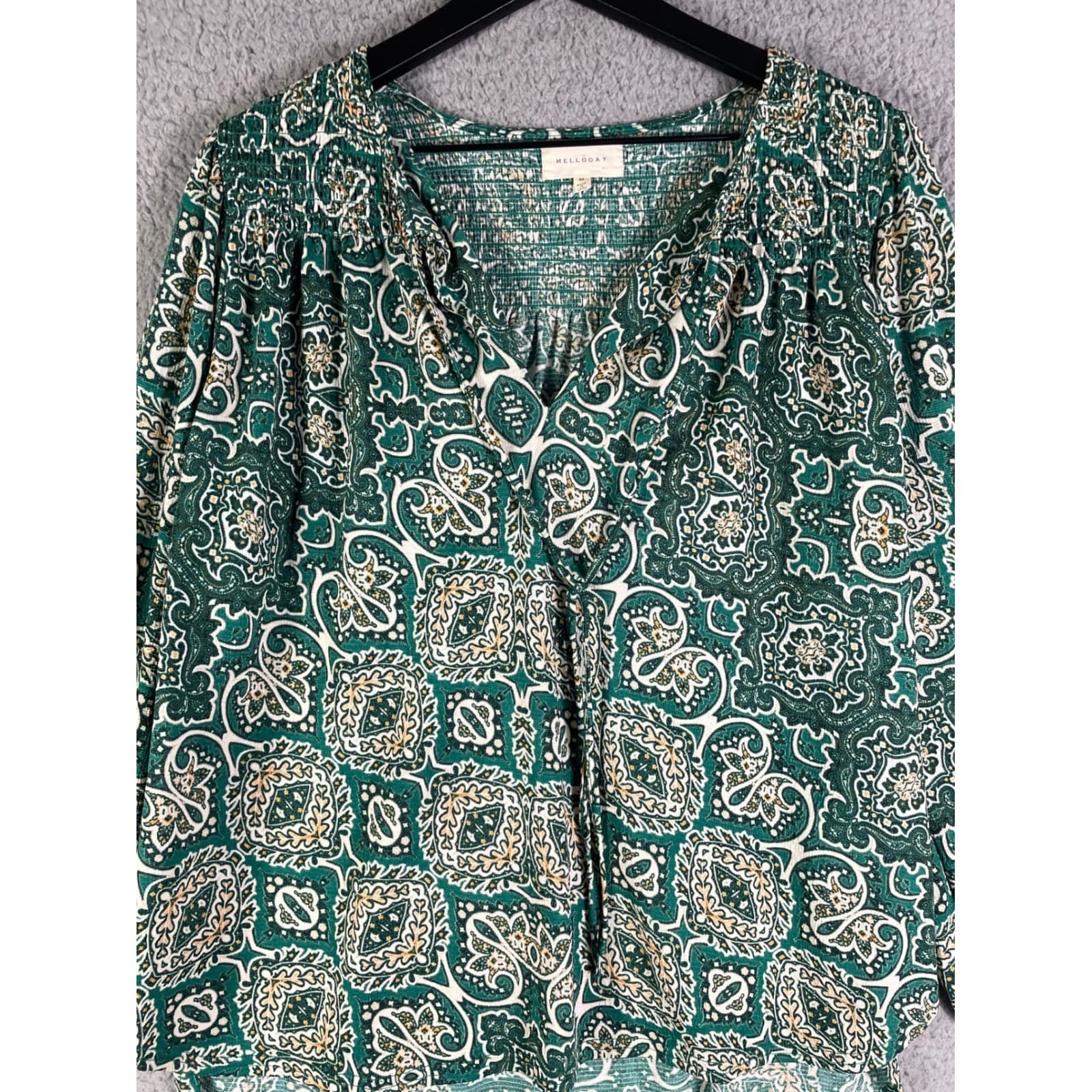 Melloday Green Paisley Smocked Peasant Blouse Long Sleeve Size Medium - Thumbnail 7