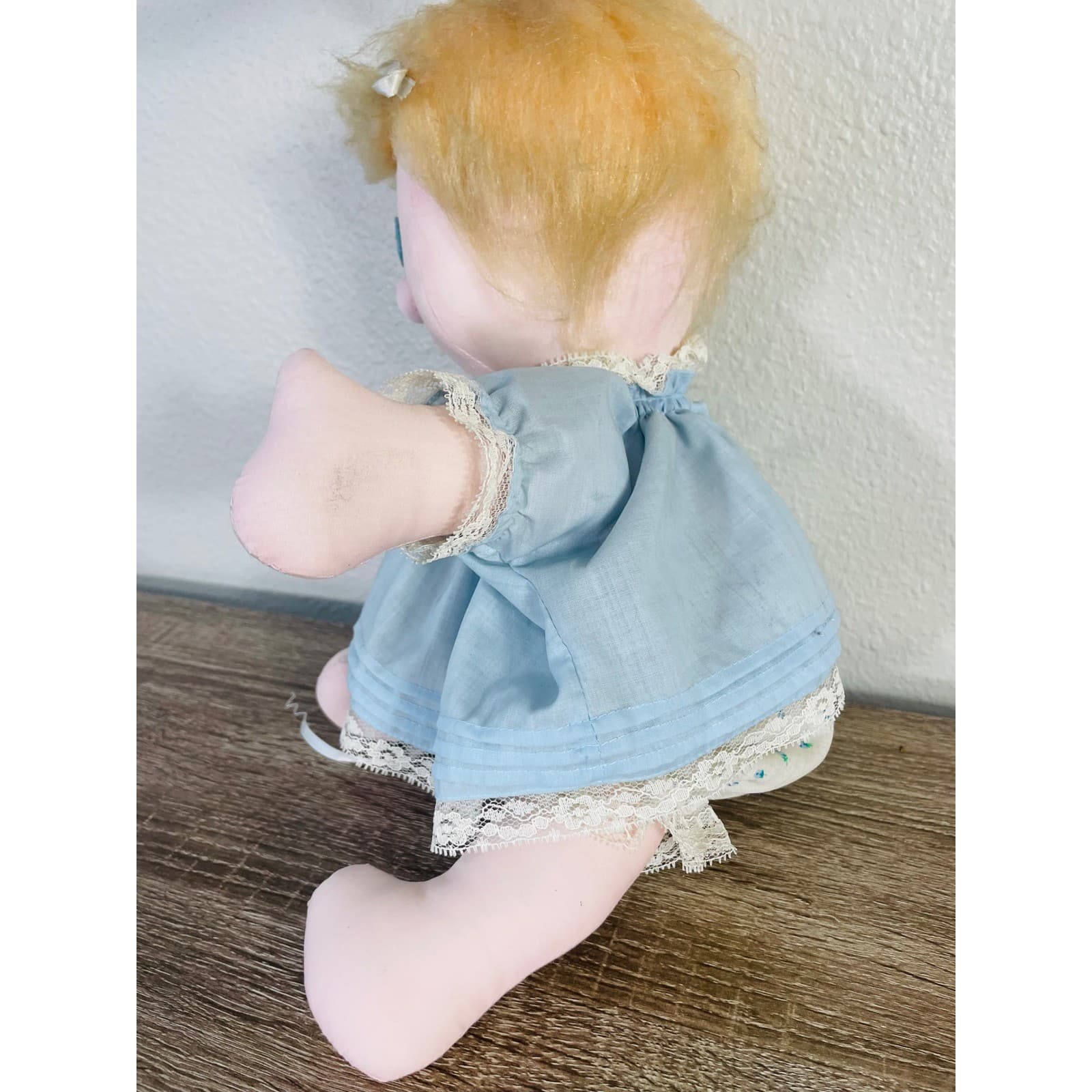 Vintage Handmade Rag Doll Cloth Soft Toy Blue Dress Lace Bloomers Yarn Hair - Thumbnail 5