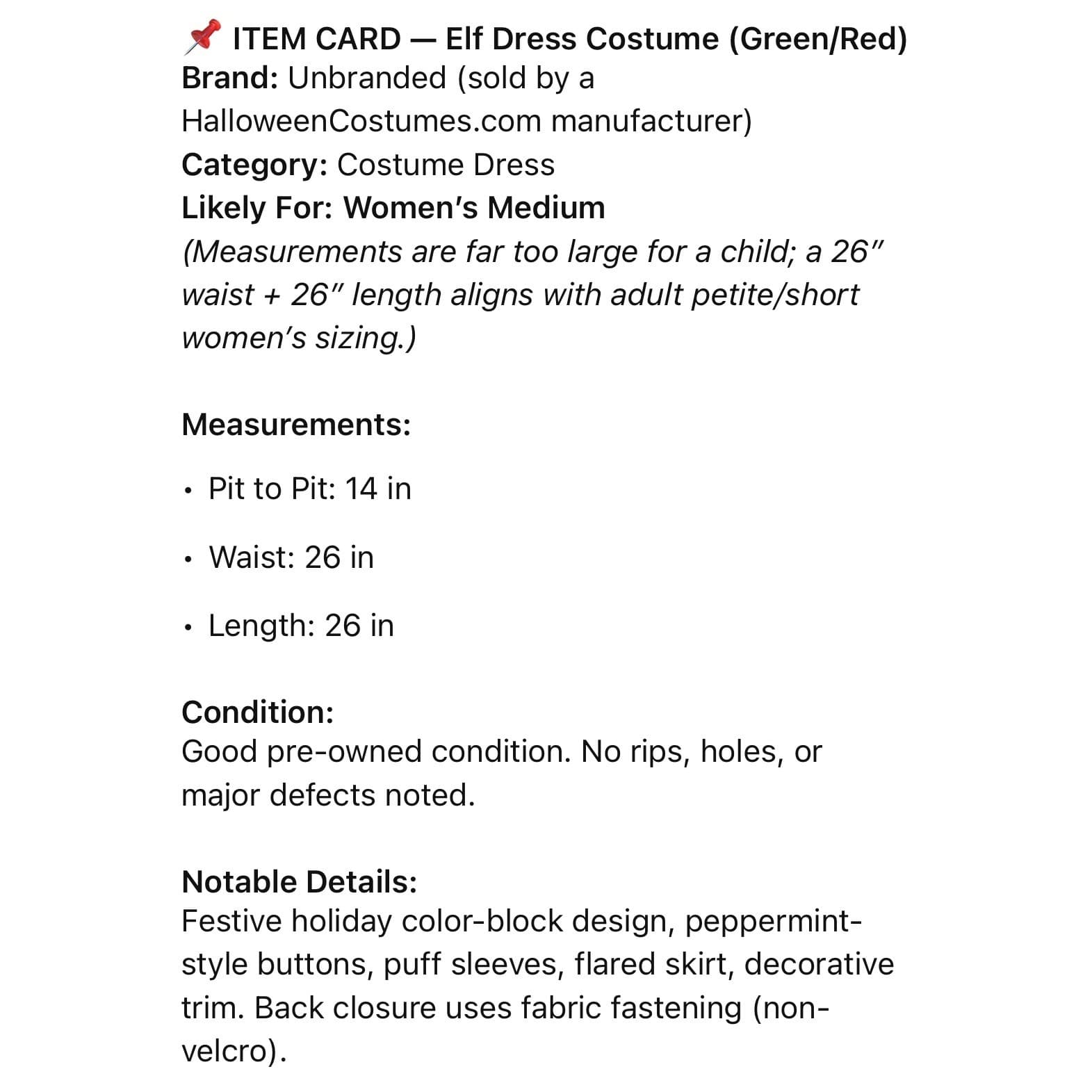 Christmas Elf Dress Costume Green Red Peppermint Button Holiday Cosplay Women M - Thumbnail 2