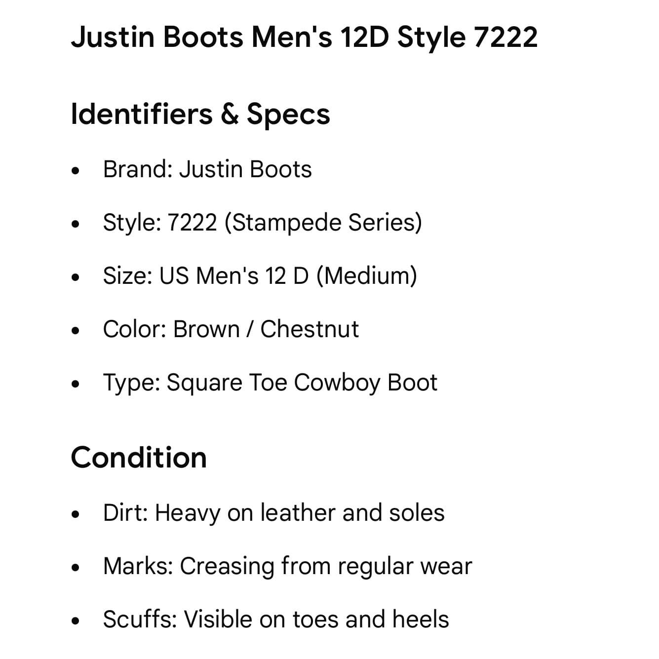 Justin Stampede Chet Boots Mens 12D Brown Leather Square Toe Western 7222 - Thumbnail 3