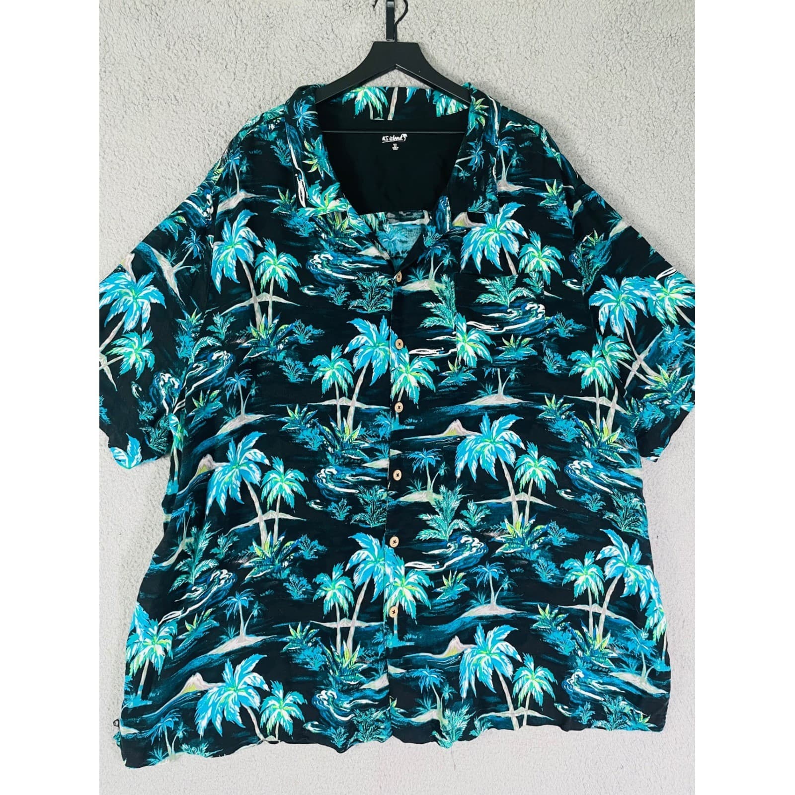 Hawaiian Aloha Shirt KS Island Men's 6XL Black Blue Green Palm Tree Rayon - Thumbnail 7