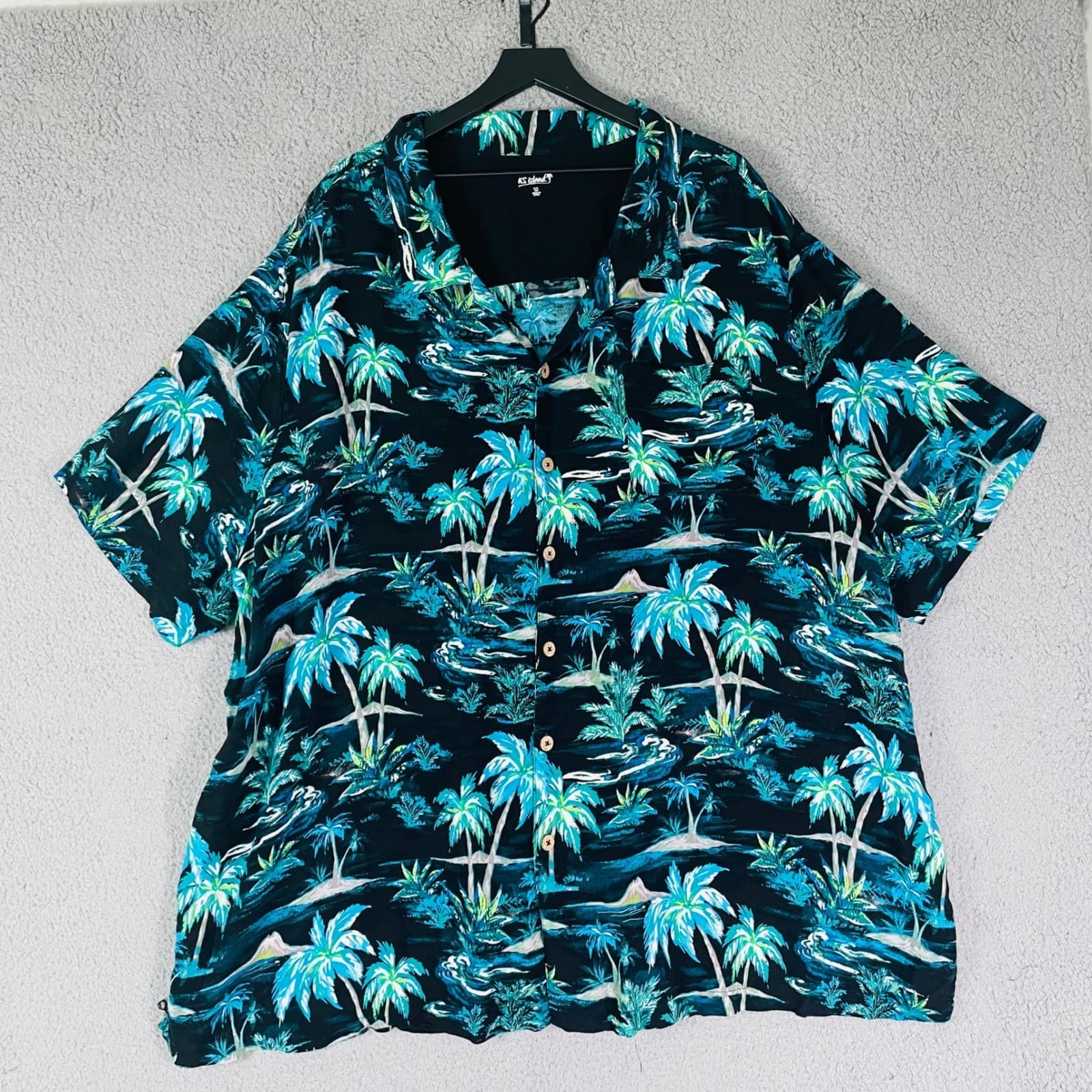 Hawaiian Aloha Shirt KS Island Men's 6XL Black Blue Green Palm Tree Rayon - Thumbnail 6