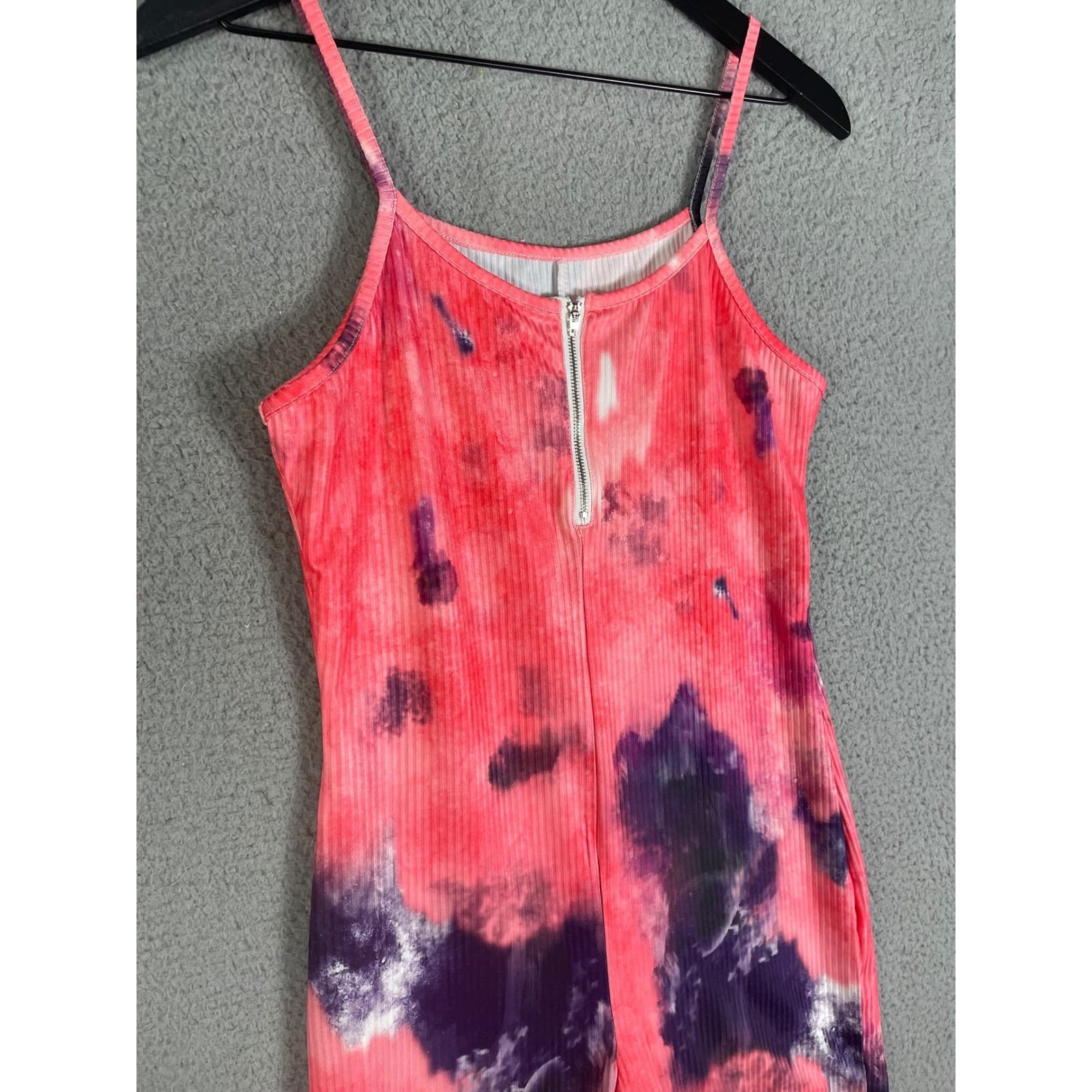 Tie Dye Romper Womens Large Pink Ribbed Zip Front Spaghetti Strap Summer - Thumbnail 9