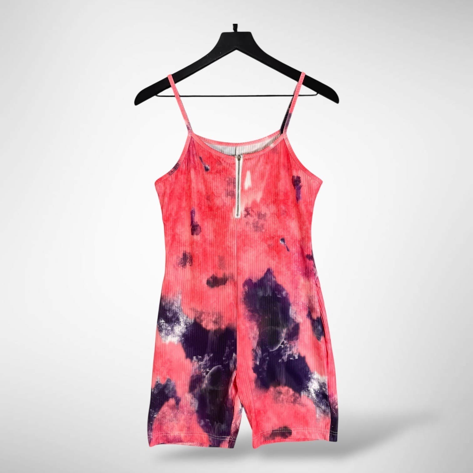 Tie Dye Romper Womens Large Pink Ribbed Zip Front Spaghetti Strap Summer - Thumbnail 2