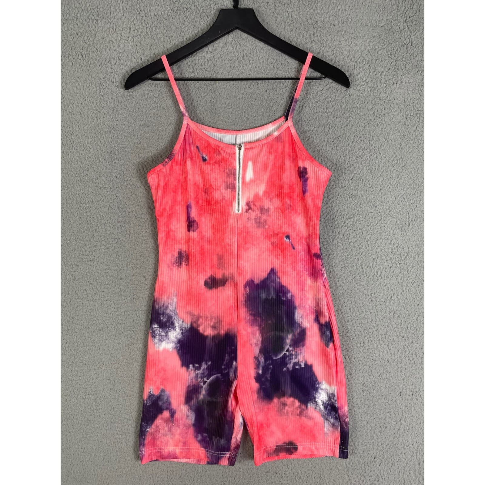 Tie Dye Romper Womens Large Pink Ribbed Zip Front Spaghetti Strap Summer - Thumbnail 7