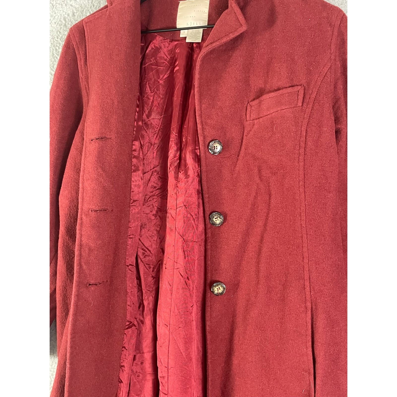 JJill Burgundy Wine Red Wool Blend Tailored Button Front Coat Women Size Small - Thumbnail 7