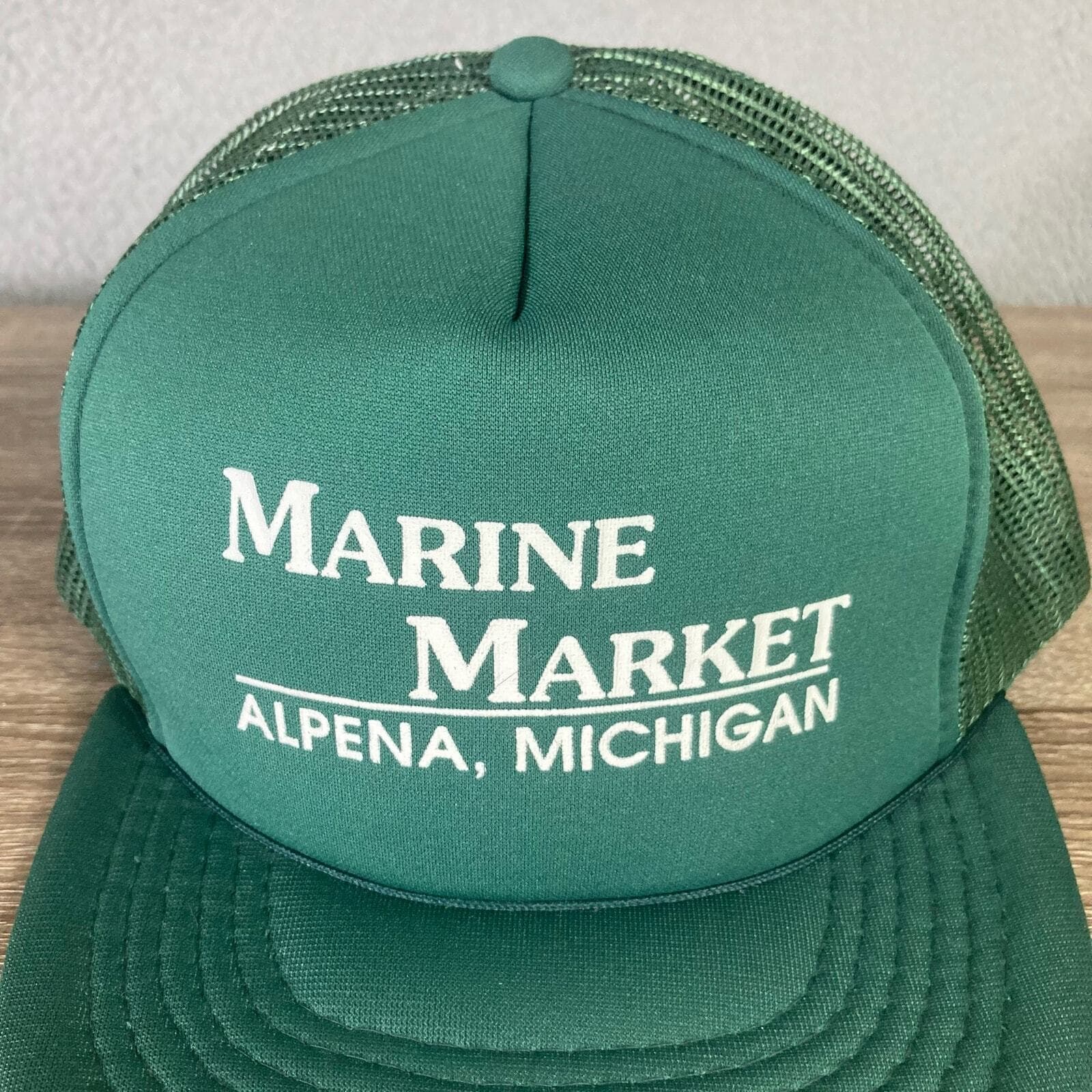 Vintage Marine Market Alpena Michigan Green Trucker Hat Unisex Cap - Thumbnail 3