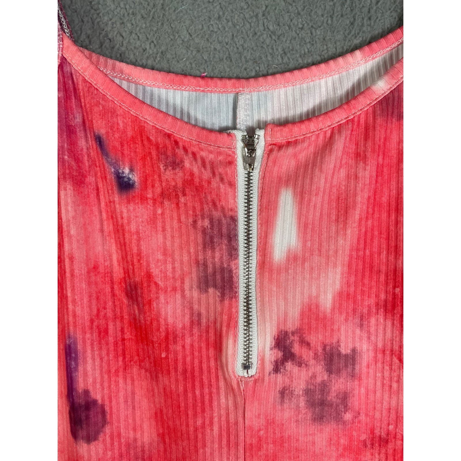 Tie Dye Romper Womens Large Pink Ribbed Zip Front Spaghetti Strap Summer - Thumbnail 8