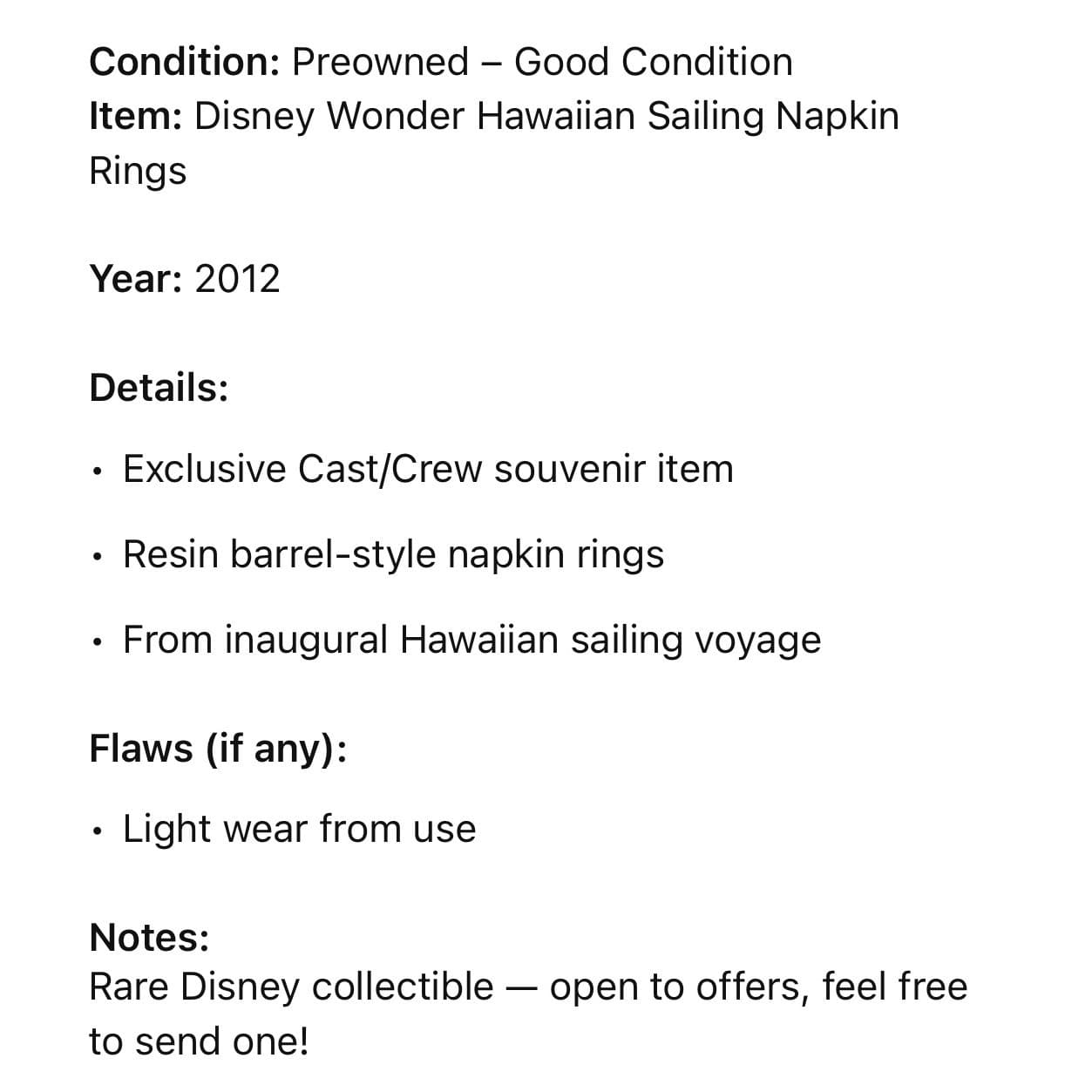 Disney Cruise Line Wonder Hawaiian Inaugural Sailing Resin Napkin Rings Set of 3 - Thumbnail 2