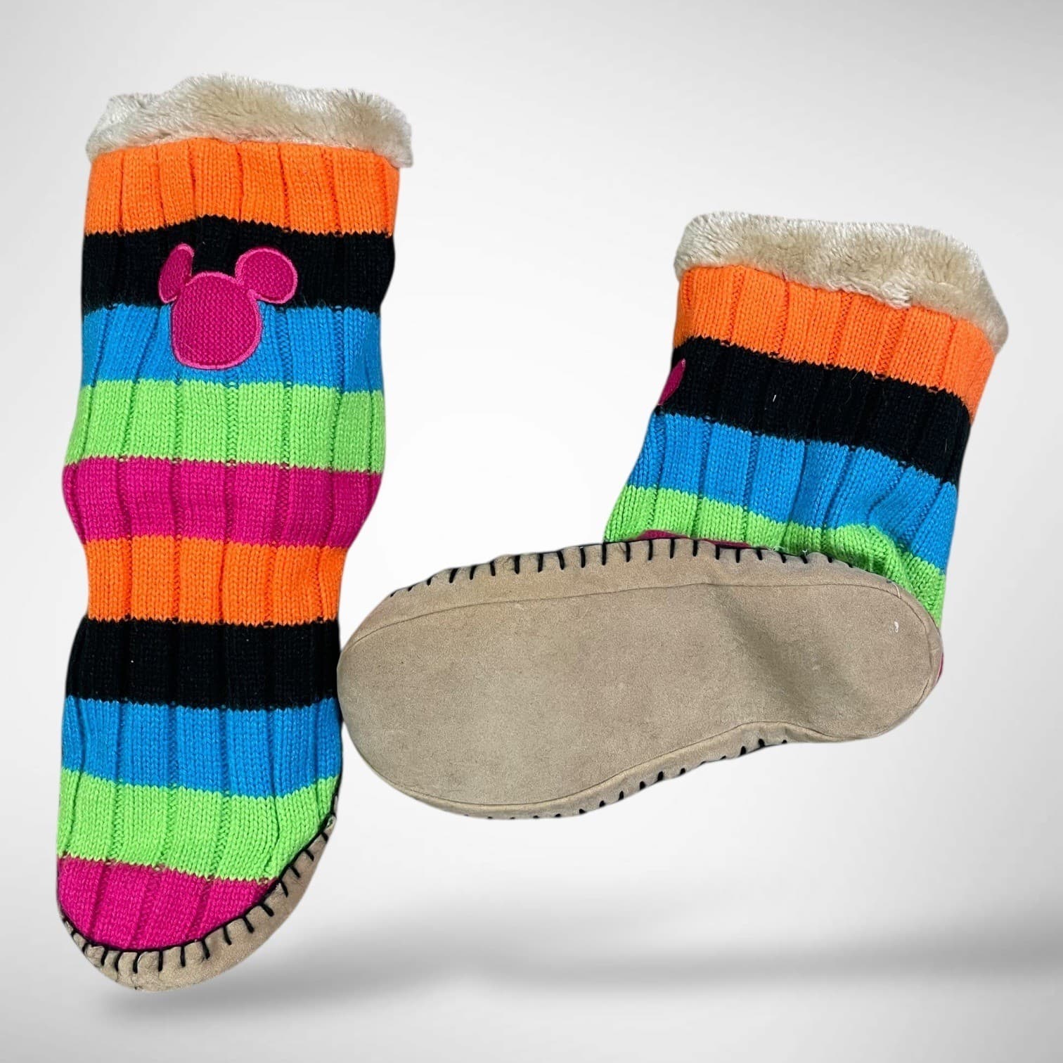 Disney Parks Mickey Mouse Kids Slipper Boots XL Faux Fur Striped Cozy - Thumbnail 3