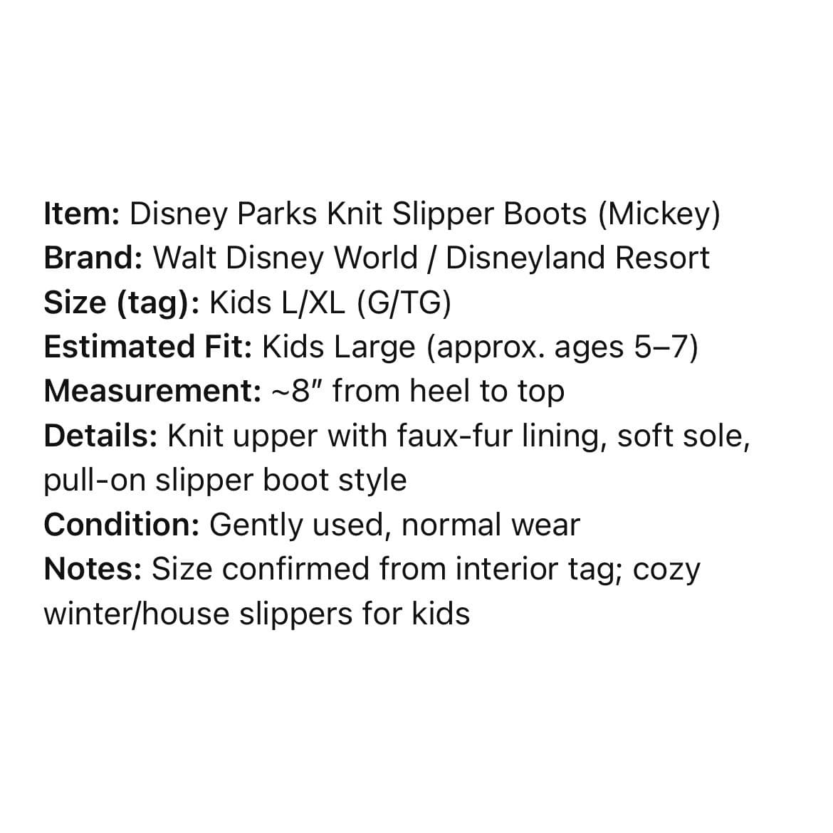 Disney Parks Mickey Mouse Kids Slipper Boots XL Faux Fur Striped Cozy - Thumbnail 2