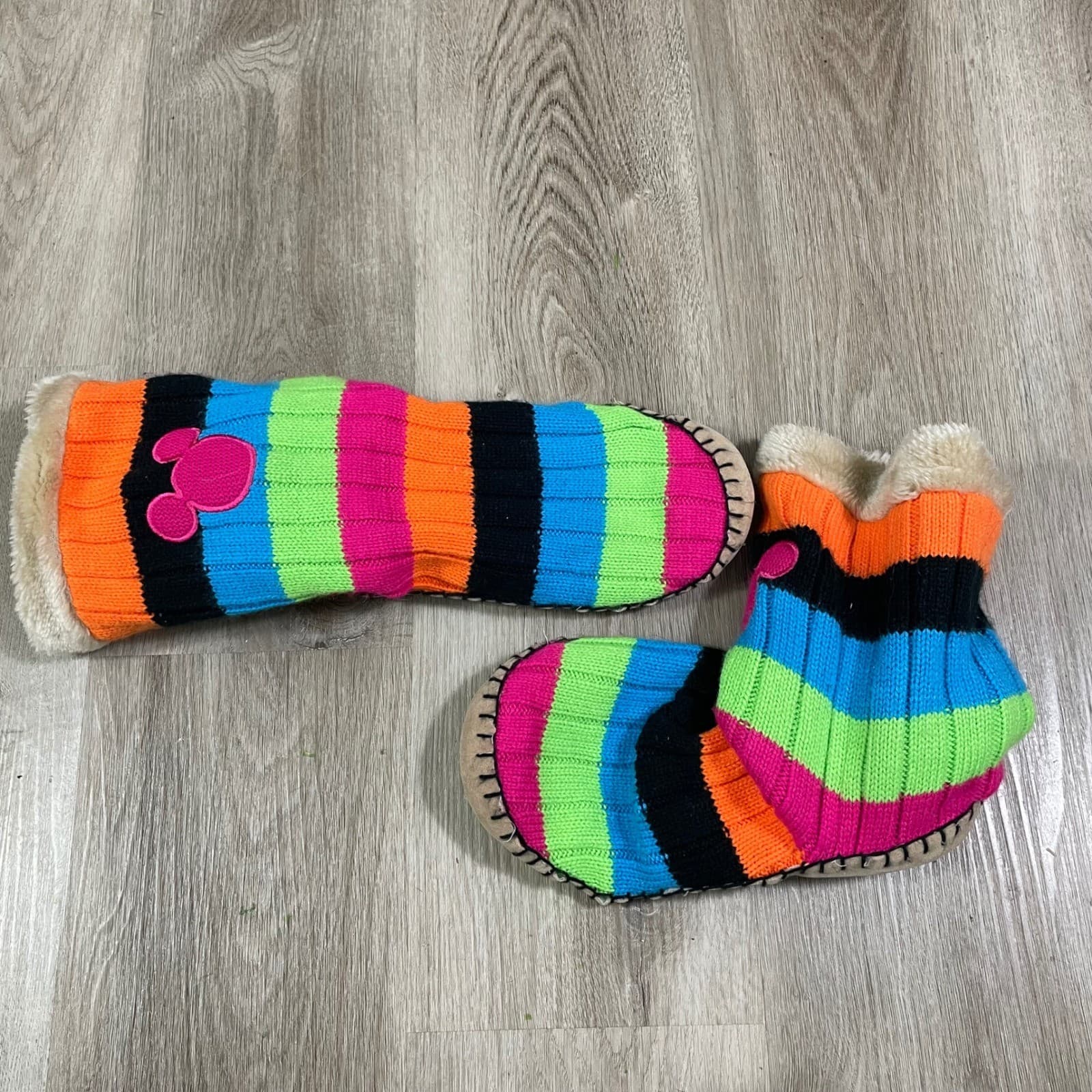 Disney Parks Mickey Mouse Kids Slipper Boots XL Faux Fur Striped Cozy - Thumbnail 10