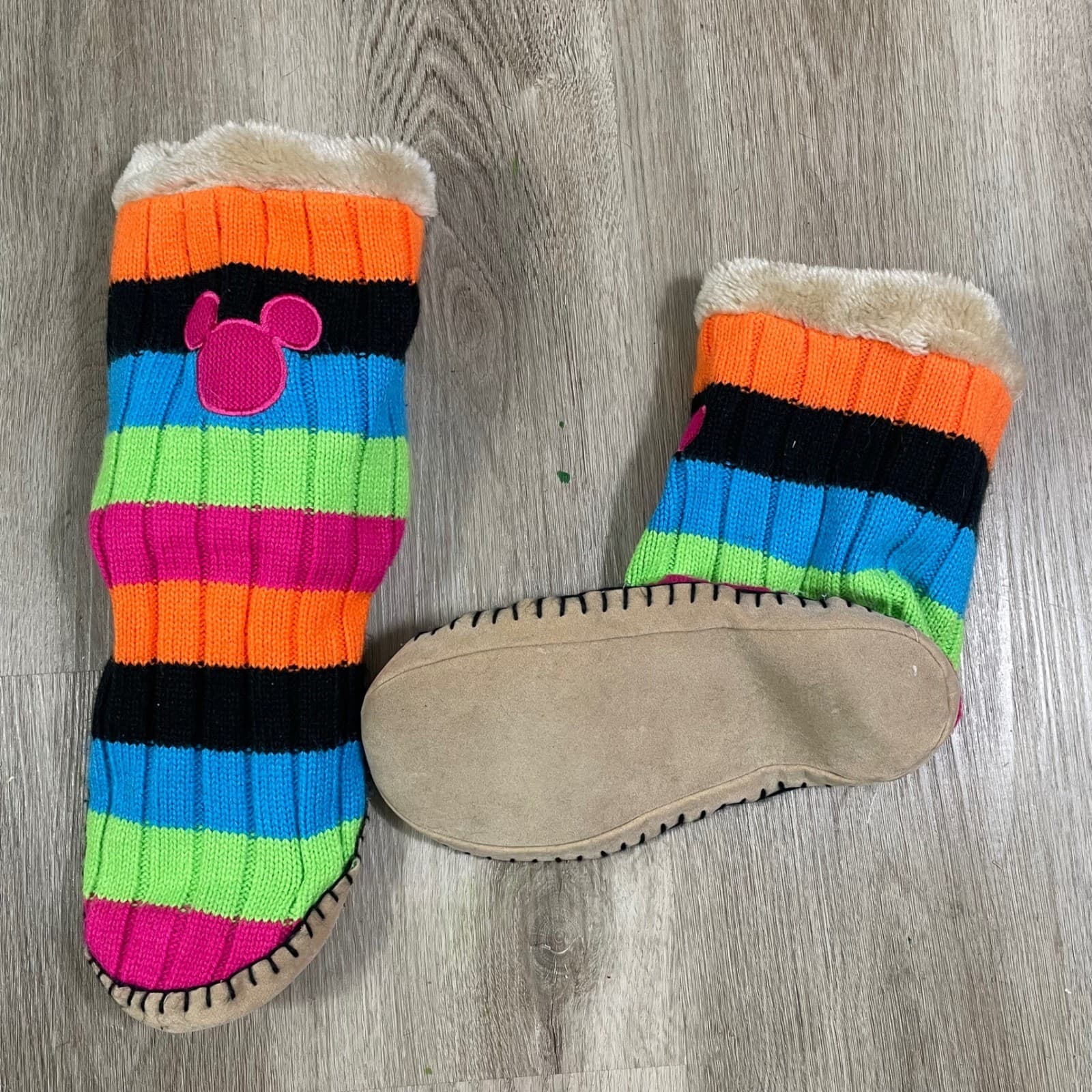 Disney Parks Mickey Mouse Kids Slipper Boots XL Faux Fur Striped Cozy - Thumbnail 6