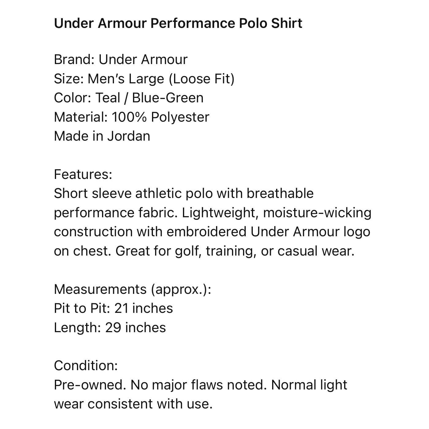 Under Armour Performance Polo Mens L Teal Blue Green Loose Fit Golf Shirt Sport - Thumbnail 3