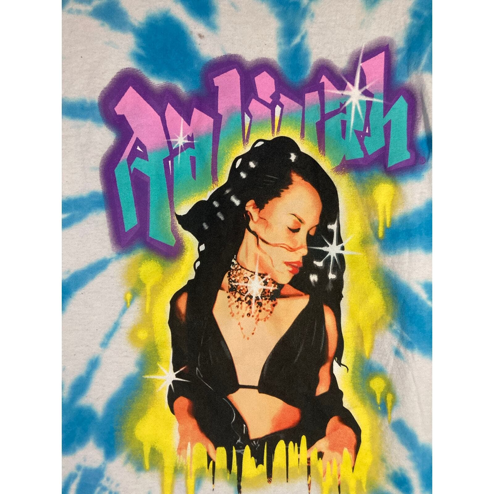 Aaliyah Women's Tie Dye Graphic Tee Blue Medium Music Retro Casual Top - Thumbnail 4