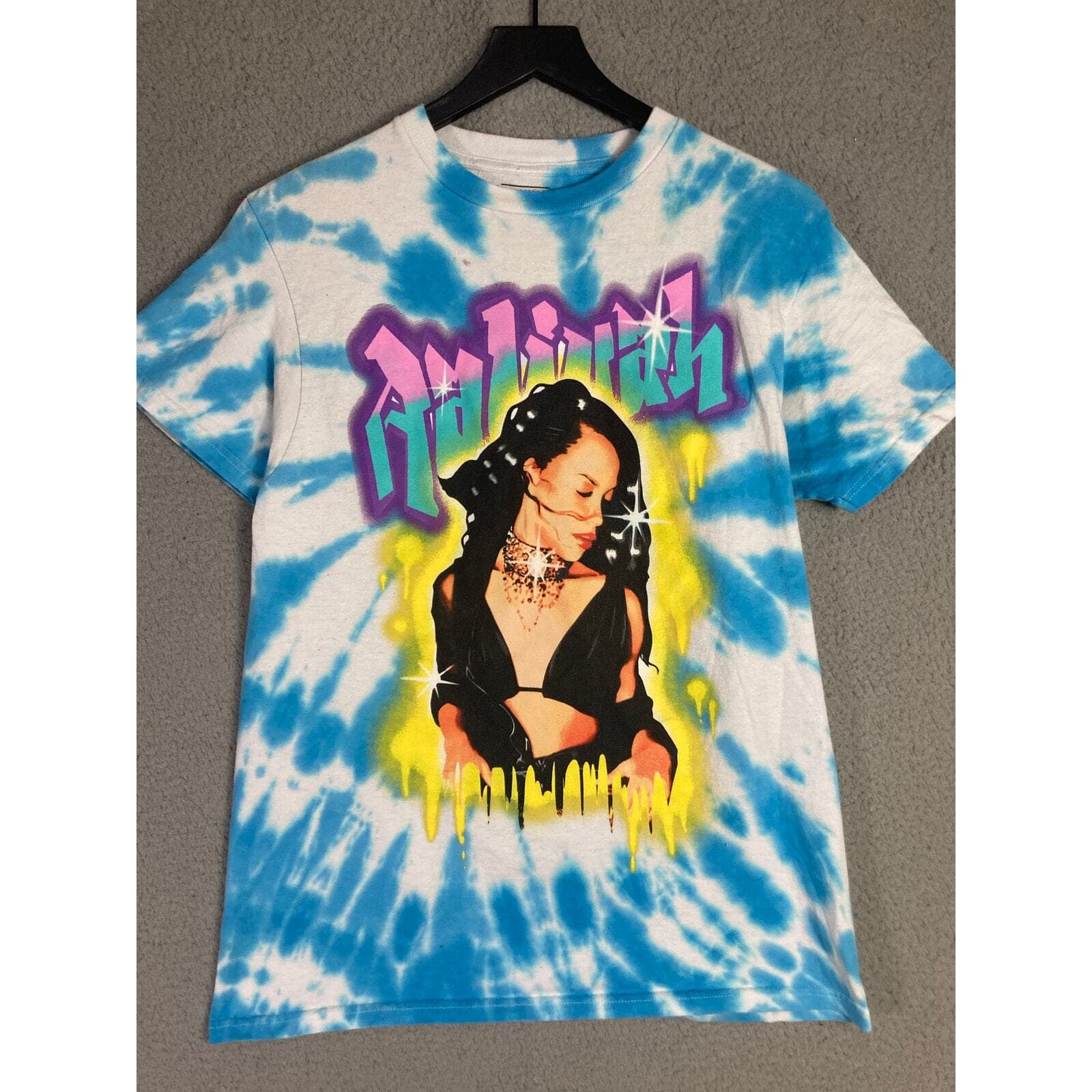 Aaliyah Women's Tie Dye Graphic Tee Blue Medium Music Retro Casual Top - Thumbnail 3
