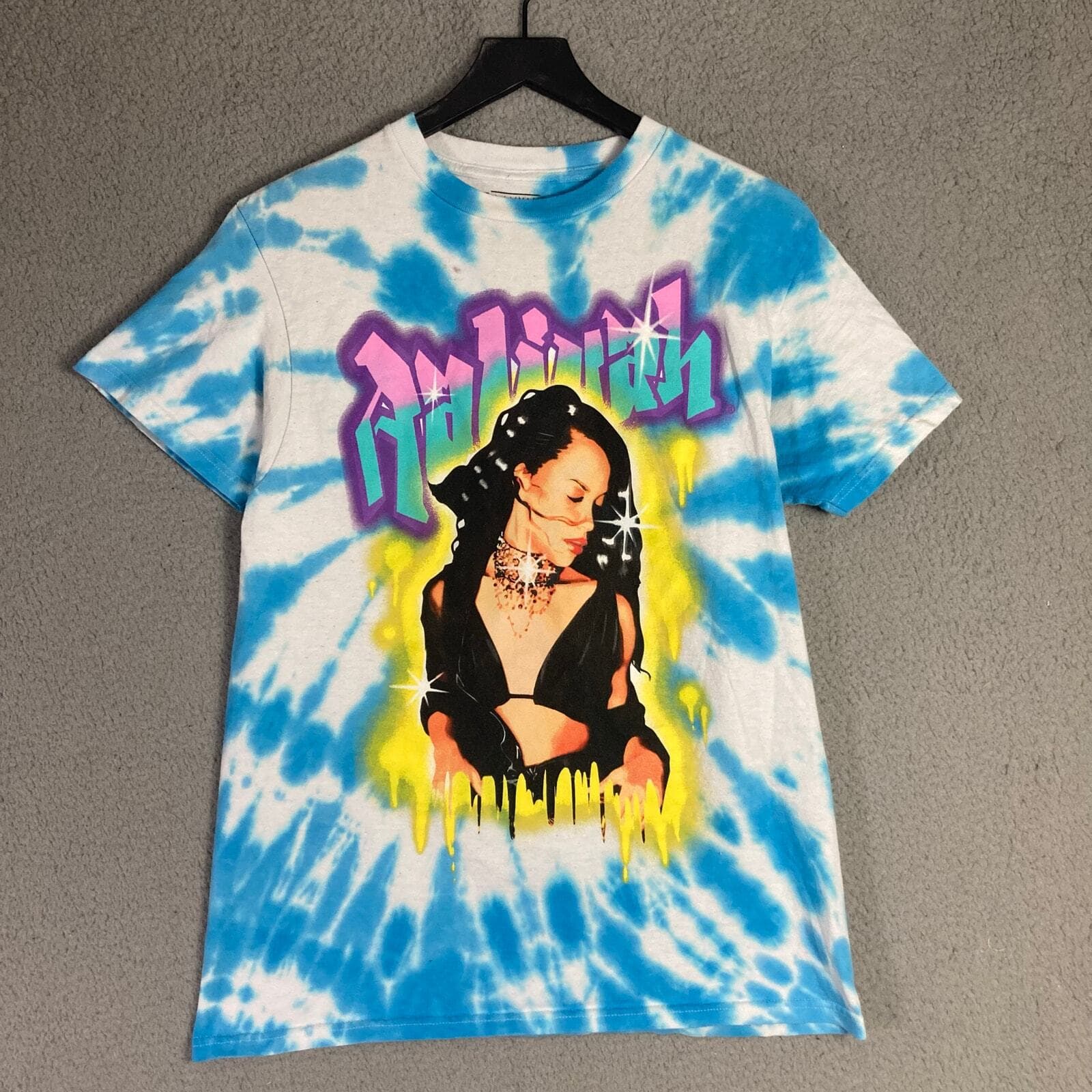 Aaliyah Women's Tie Dye Graphic Tee Blue Medium Music Retro Casual Top - Thumbnail 2