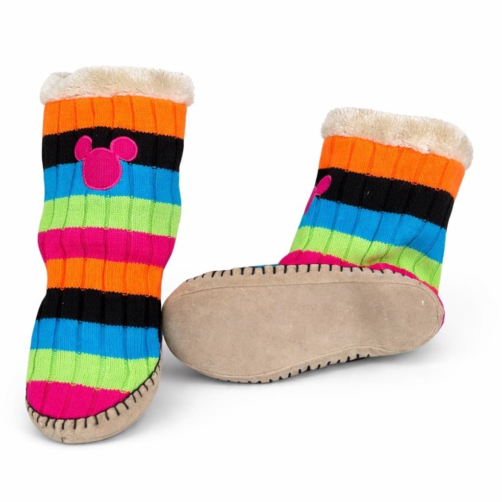Disney Parks Mickey Mouse Kids Slipper Boots XL Faux Fur Striped Cozy
