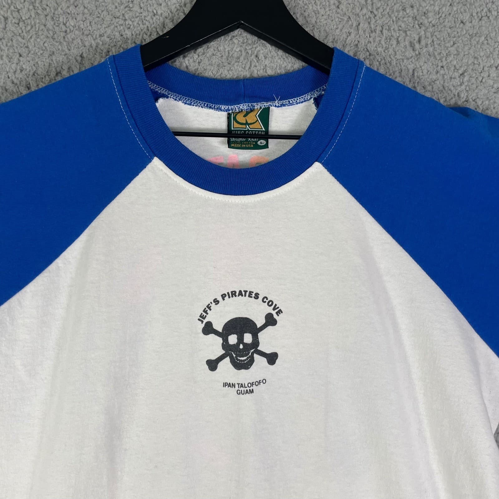 Vintage Jeffs Pirate Cove Raglan T Shirt Blue White Made USA King Cotton Guam - Thumbnail 4