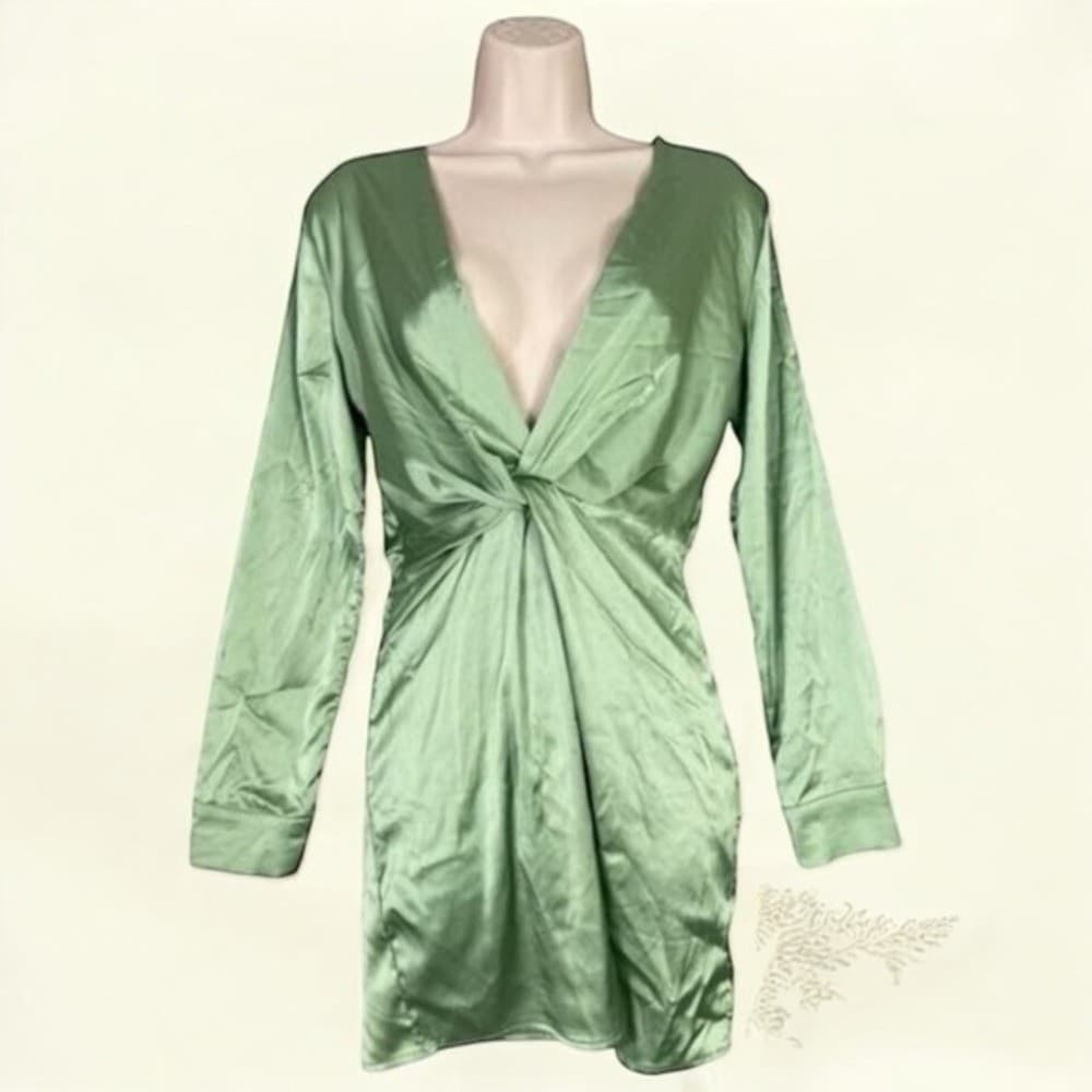 SHEIN Satin Nightgown Olive Green Long Bell Sleeve Tie Waist XS New NWT - Thumbnail 2
