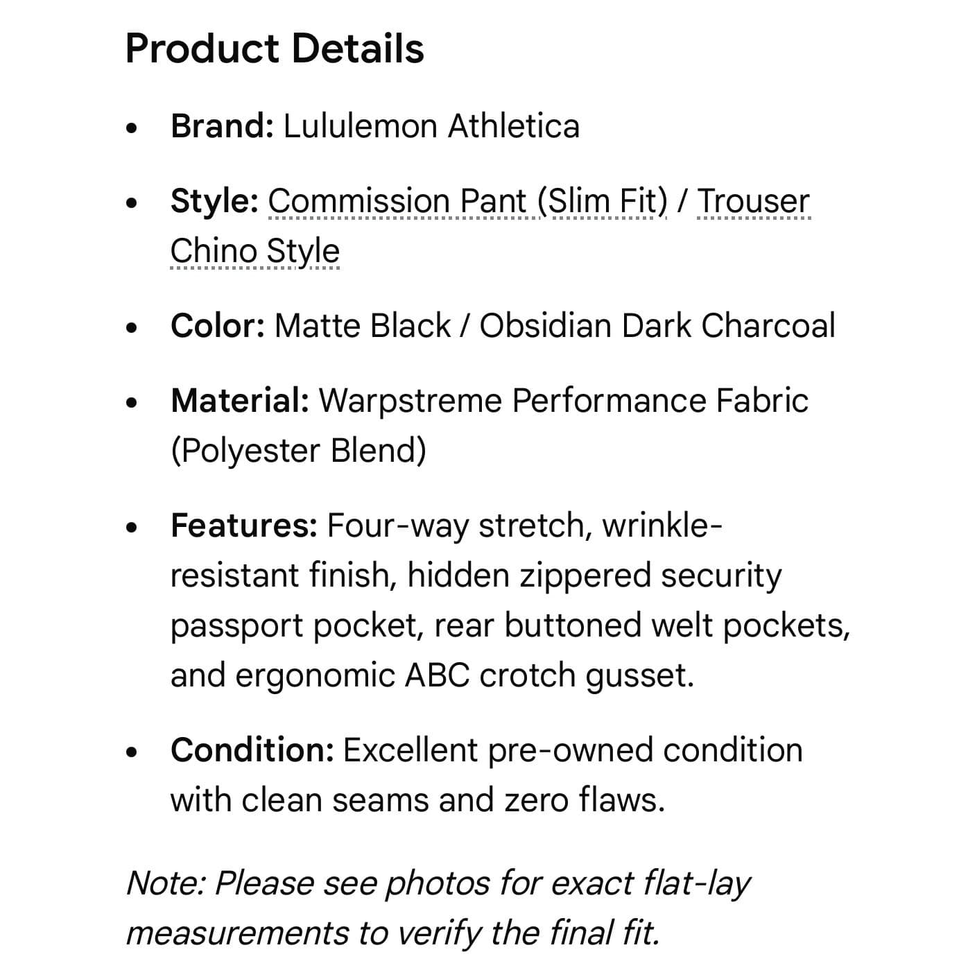 Lululemon Commission Pant Slim Mens 33x30 Black Chino Trouser ABC Golf - Thumbnail 3