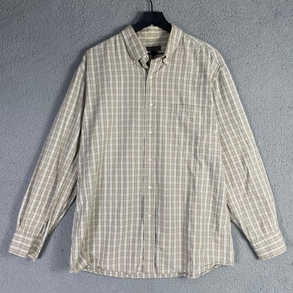 Saddlebred Men’s XL Button-Up Shirt Beige Plaid Long Sleeve 100% Cotton Casual - Thumbnail 3