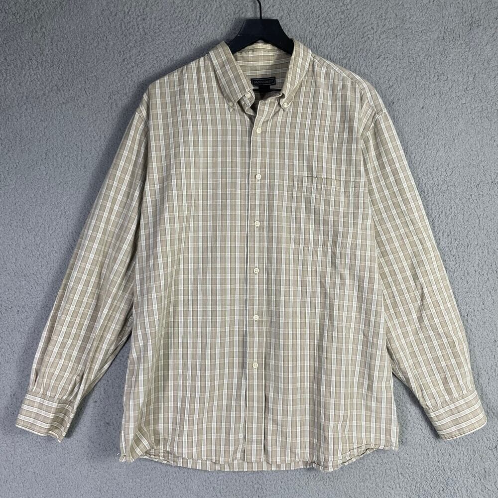 Saddlebred Men’s XL Button-Up Shirt Beige Plaid Long Sleeve 100% Cotton Casual - Thumbnail 9
